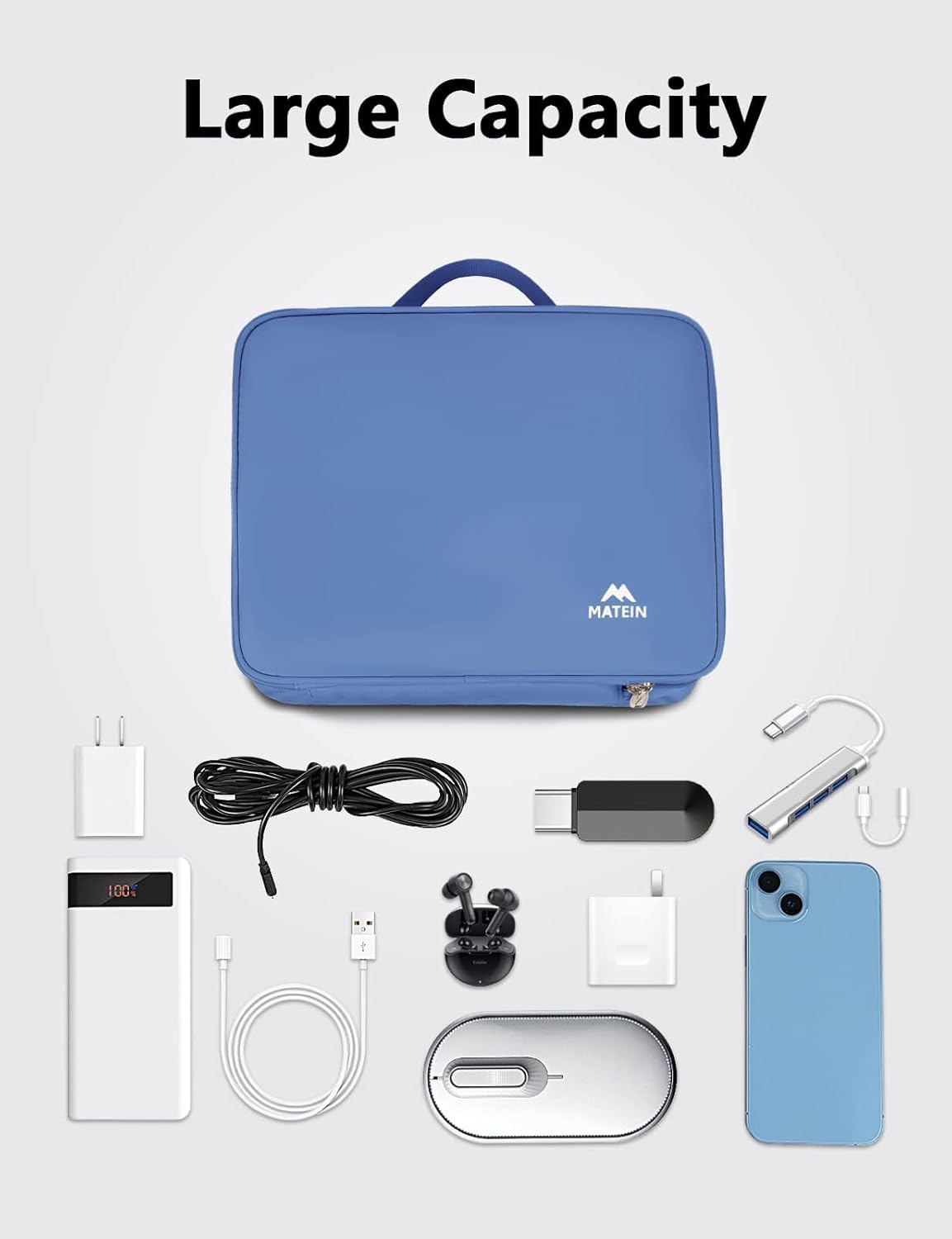 MATEIN Electronics Organizer, Cable Organizer Bag Electronic Accessories Case with Handle for Cable, Cord, Tablet, Charger, Phone, Double Layers Tech Case Travel Gifts for Men and Women, Blue