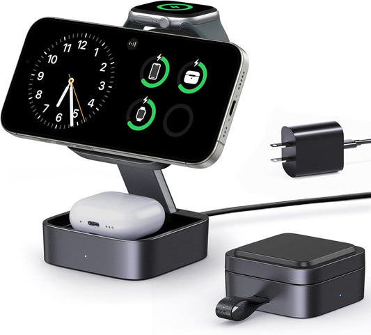 3 in 1 Wireless Charging Station for Apple Devices, Magnetic Foldable Travel Fast Charger Stand Compatible with MagSafe for iPhone Air/17/16/15/14/13/12 Series, Apple Watch & AirPods Pro/4/3/2-Black