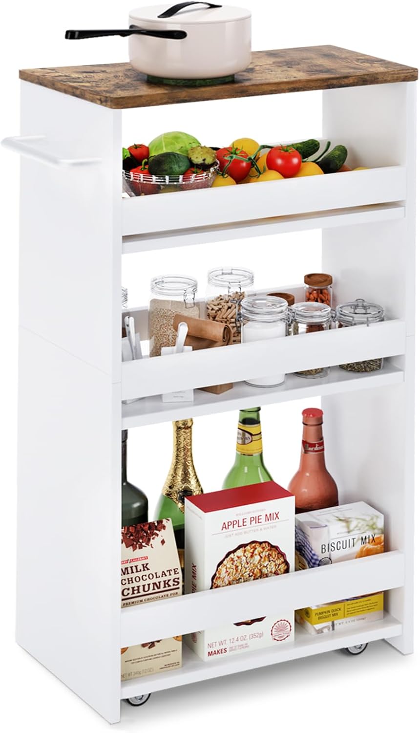 TEAMIX 4 Tier Slim Storage Cart with Handle, Slide Out Storage Rolling Utility Cart Mobile Shelving Unit Organizer Trolley for Small Spaces Kitchen Laundry Narrow Places