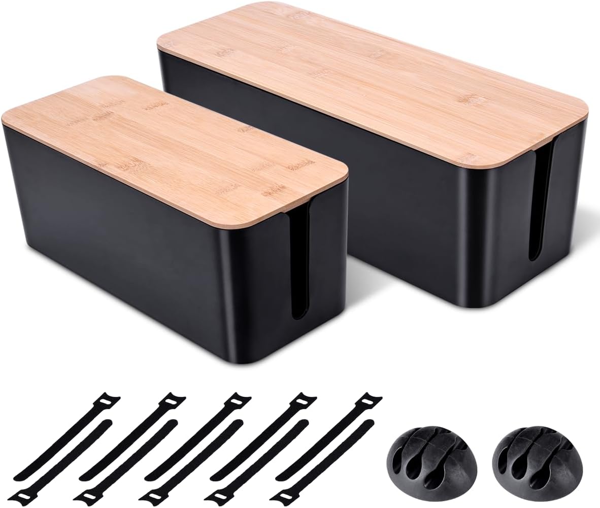 2Pack Cable Management Box,Wooden Style Cord Organizer Cord Hide Box