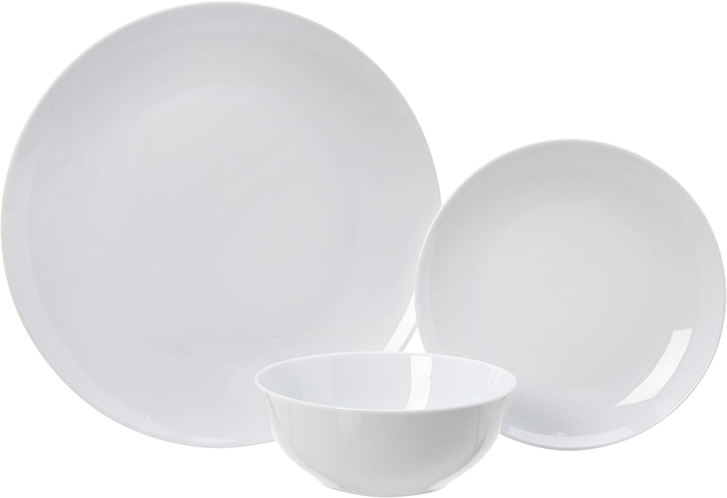 Amazon Basics 18-Piece Complete Kitchen Dinnerware Set, Microwave and Dishwasher Safe, Plates, Dishes, Bowls for Everyday Use, Service for 6, White Porcelain Coupe