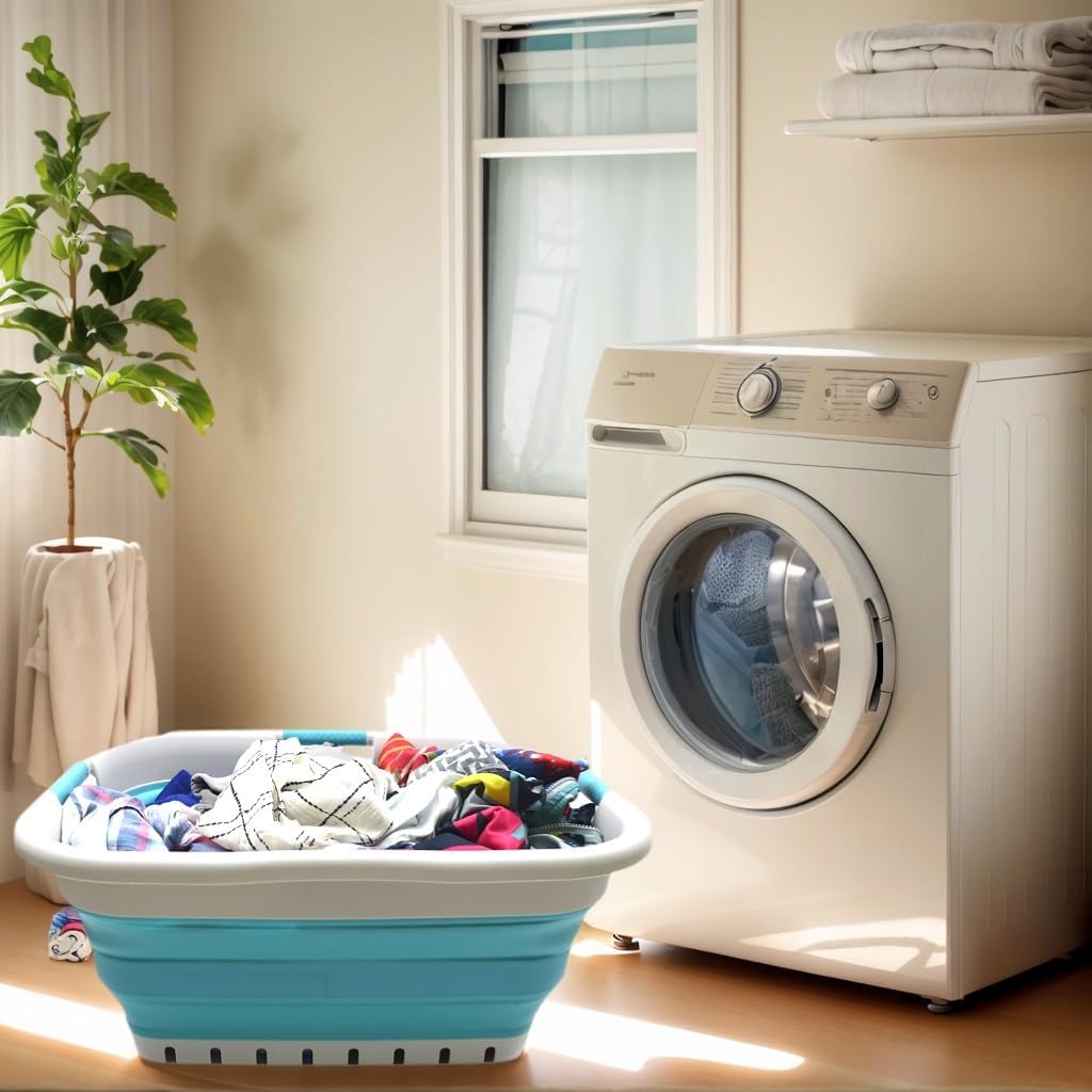 SAMMART 41L (10.8 gallon) Collapsible Plastic Laundry Basket - Foldable Pop Up Storage Container/Organizer - Portable Washing Tub - Space Saving Hamper/Basket (3 handled rectangular, Grey/Bright Blue)