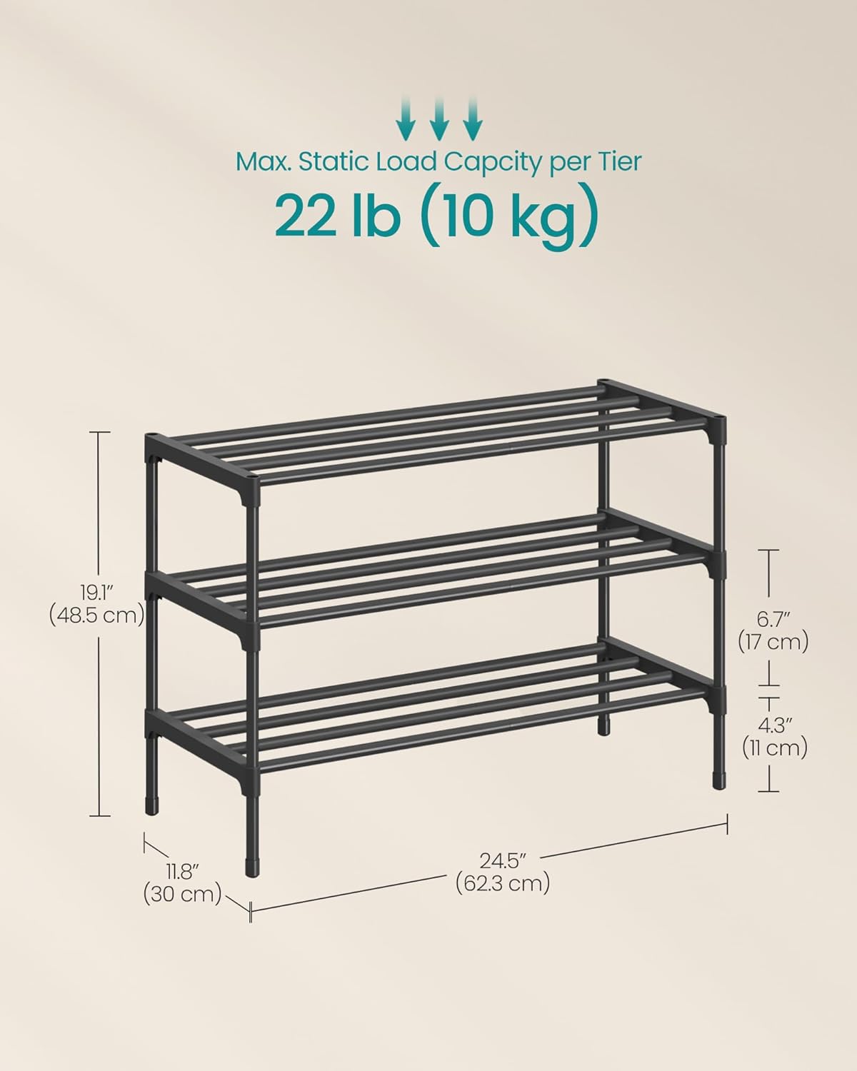 SONGMICS 3-Tier Shoe Rack for Closet, Compact Metal Shoe Organizer Shelf for Entryway, Bedroom, Small Spaces, Stackable, 11.8 x 24.5 x 19.1 Inches, Black ULSA123BH01