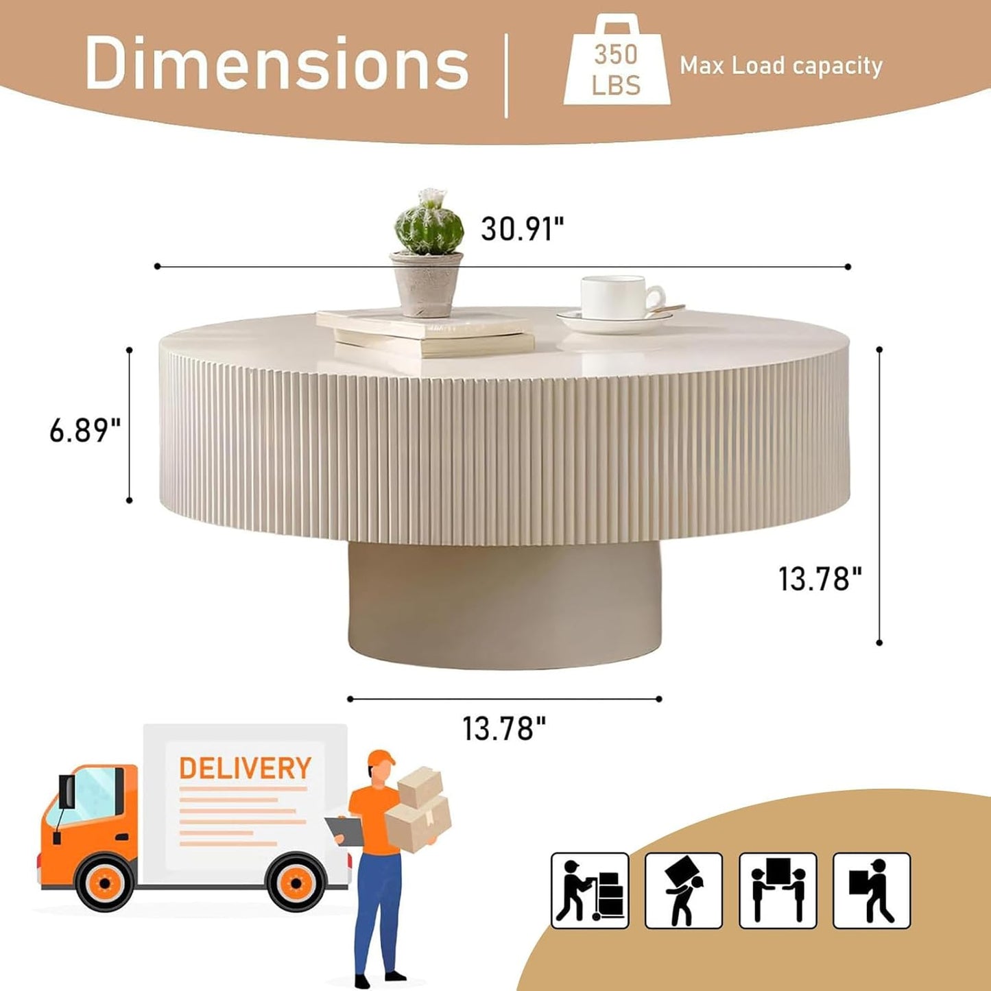 Mid Century Modern Round Fluted Coffee Table (A) | Handcraft Drum Coffee Table, Sturdy Pedestal, Wood Veneer Top, for Living Room Reception Room Farmhouse