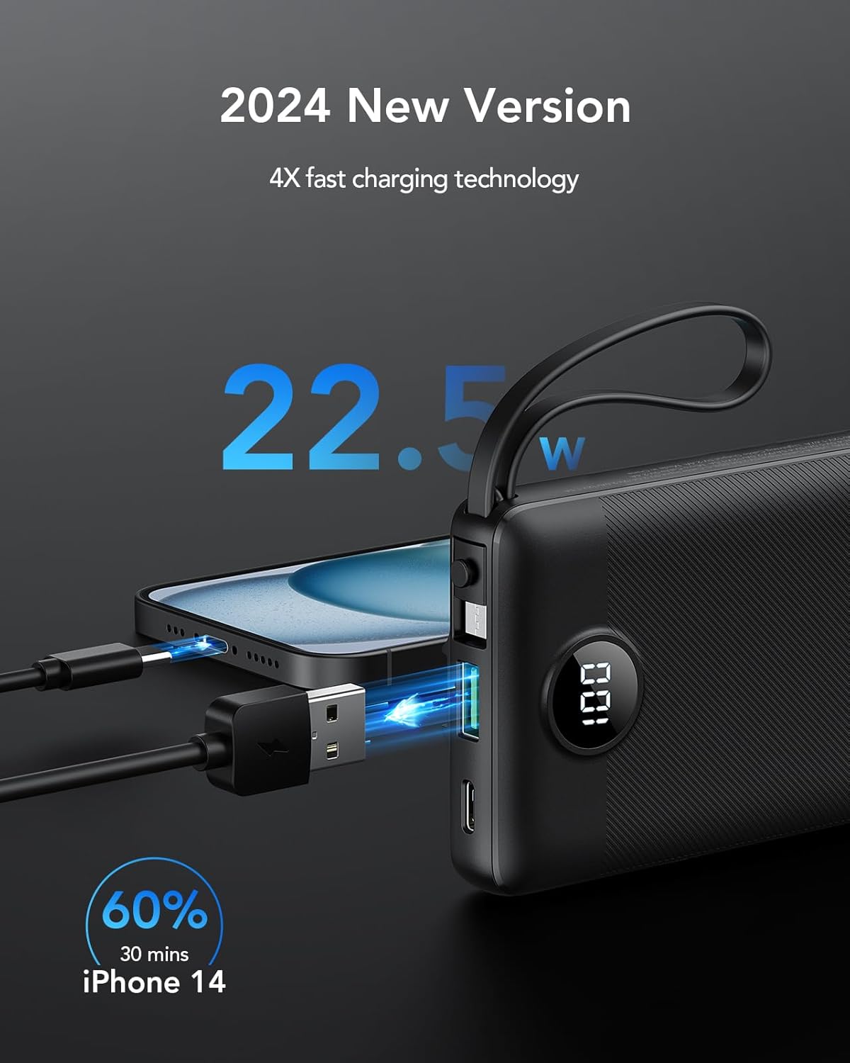 VRURC Portable Charger, 22.5W Fast Charging Power Bank Built‑in 4 Cables, 10000mAh Slim Lightweight Travel Battery Pack for iPhone, Samsung & Multi Devices, Pocket‑Friendly with Lanyard(1 Pack)