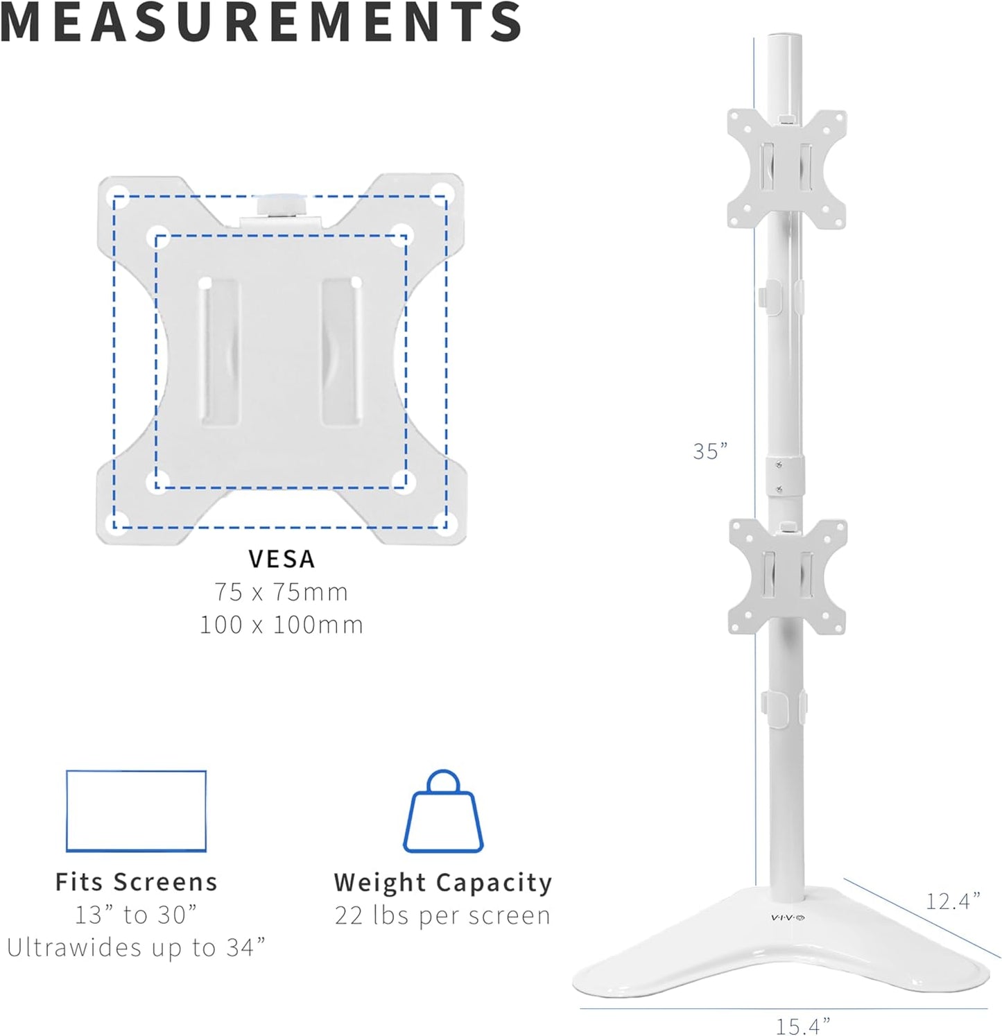 VIVO Dual Monitor Desk Stand Free-Standing LCD Mount, Holds in Stacked Vertical Position 2 Ultrawide Screens up to 34 inches, White, STAND-V002LW