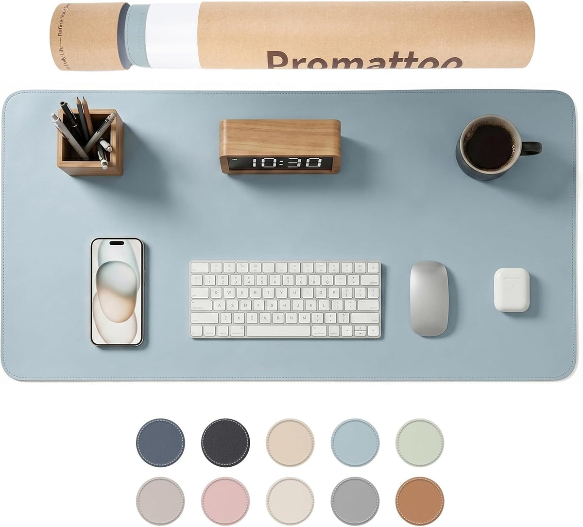 Large Desk Pad Non-Slip Desk Mat Protector for Keyboard Mouse Waterproof Vegan Leather Surface Faux Leather Laptop Mat Smooth Mouse Pad Premium Gift Tube Morning Fog Blue 35" x 17"