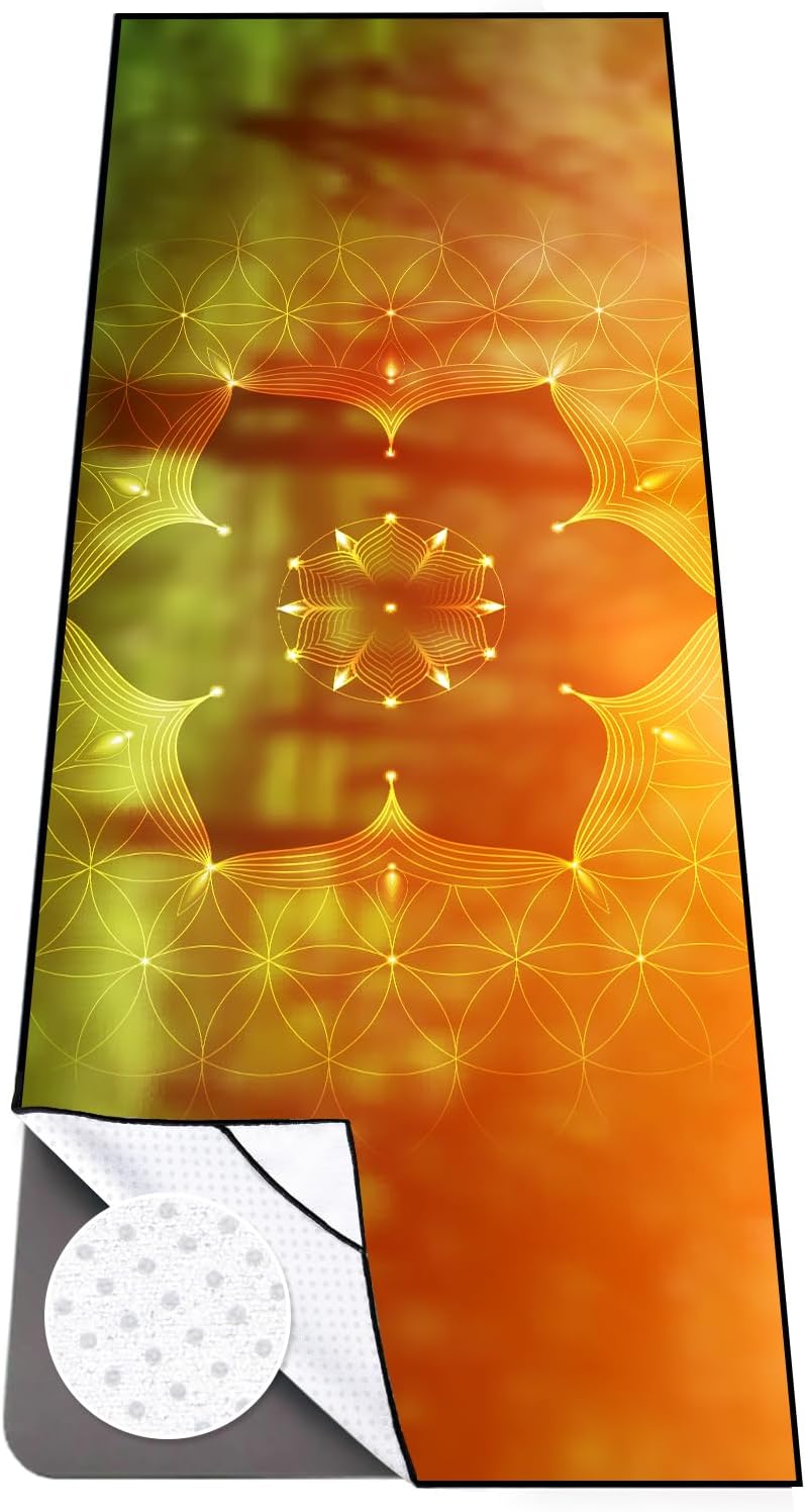 Hot Yoga Towel with Grip Dots, Non Slip, 74"x26", Geometric Flower