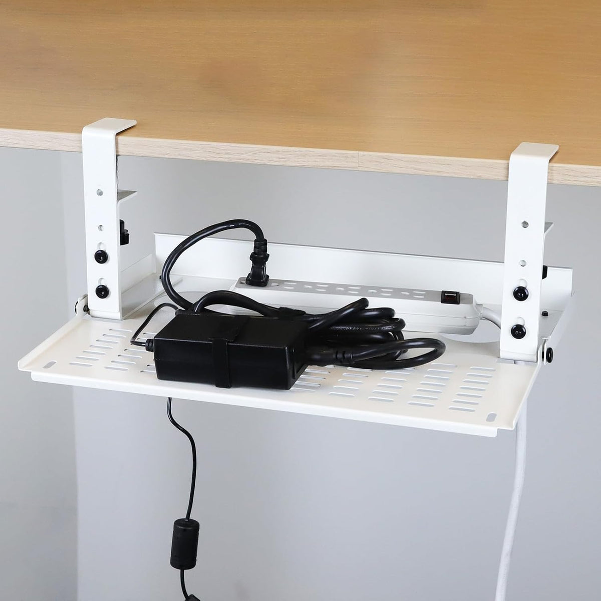 AEONS Universal Under Desk Cable Management Tray-Clamp Mount Hinged Swing Modesty Panel Organizer for Office Desks Easy Access Flip-Down position Power Strip Cord Storage No-Drill 25 lb Capacity White