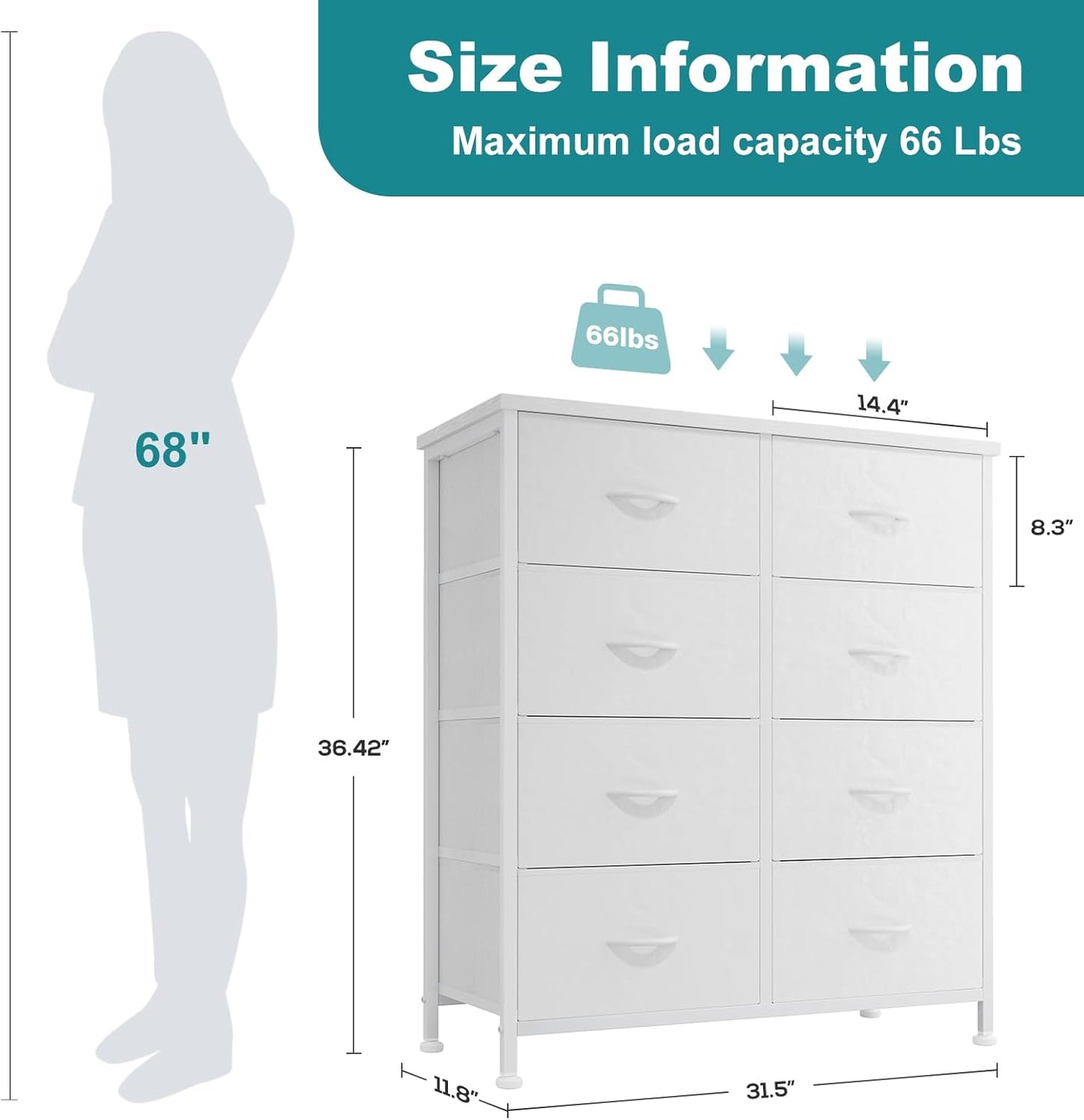 OLIXIS 8 Drawer Storage Dresser with Wood Top - Wide Fabric Chest Organizer for Bedroom, Closet, Living Room,Tower Cabinet, TV Stand, Hallway Entryway Furniture,White