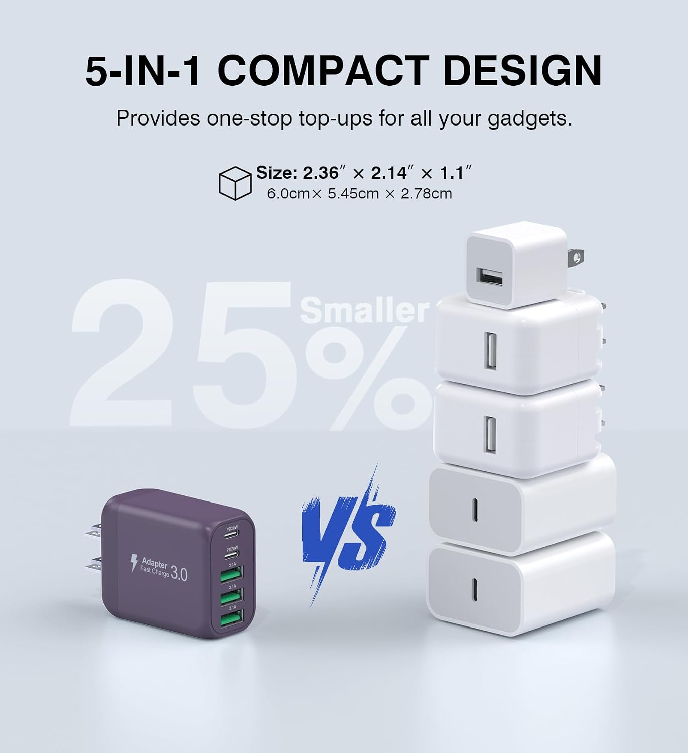 50W 2-Pack USB C Wall Charger Block, 5-Port C Charger Fast Charging Block PD Power Adapter +QC Multiport Type C Box Brick Cube USB A Wall Plug for iPhone 14/15/16/17 Pro Max,Samsung Galaxy(Purple)