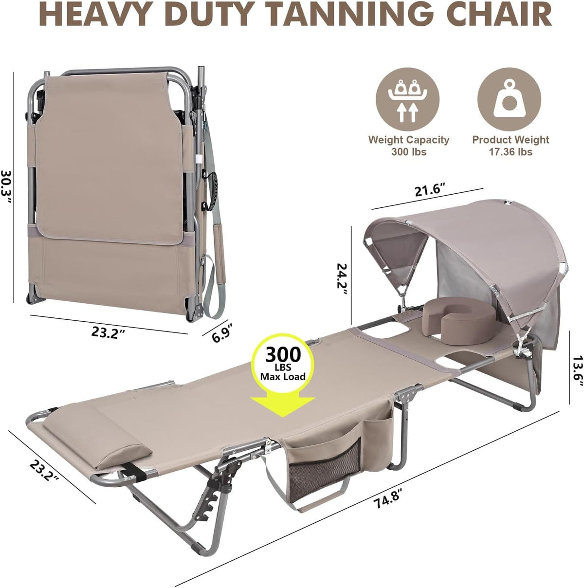 Tanning Chair with Sun Canopy Face Hole Softer Padded Adjustable Washable, Heavy Duty Layout Folding Lounge Chair for Adults Outside Beach Reading Sunbathing Poolside Lawn, UPF 50+ Sun Shade, 300 LBS