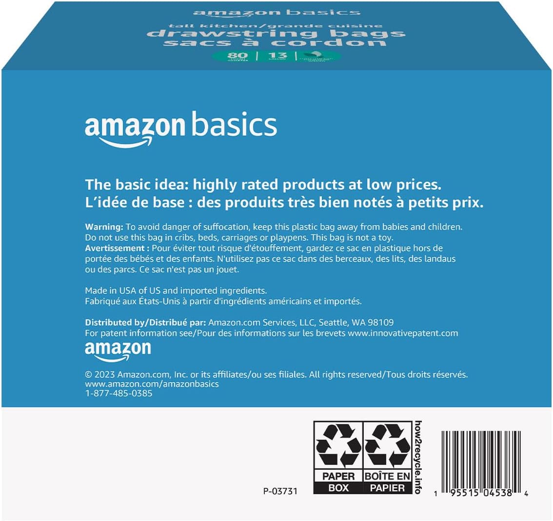 Amazon Basics Ultra-Force Tall Kitchen Drawstring Trash Bags, Classic Clean Scented, 13 Gallon, 80 Count with Odor Control