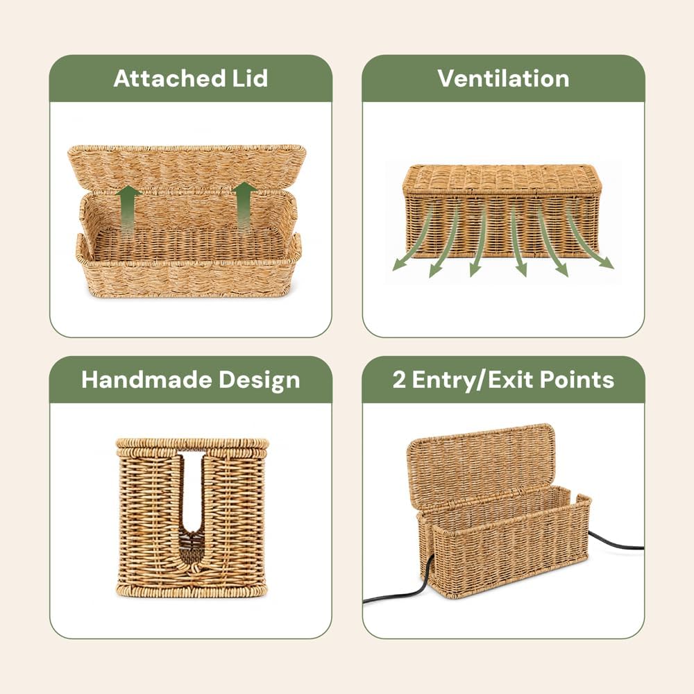 Cable Management Box, Handmade Rattan Cord Organizer for Power Strip | Open Slots Cord Hider for Power Strip, Router & USB Hub, Registered U.S. Design Patent