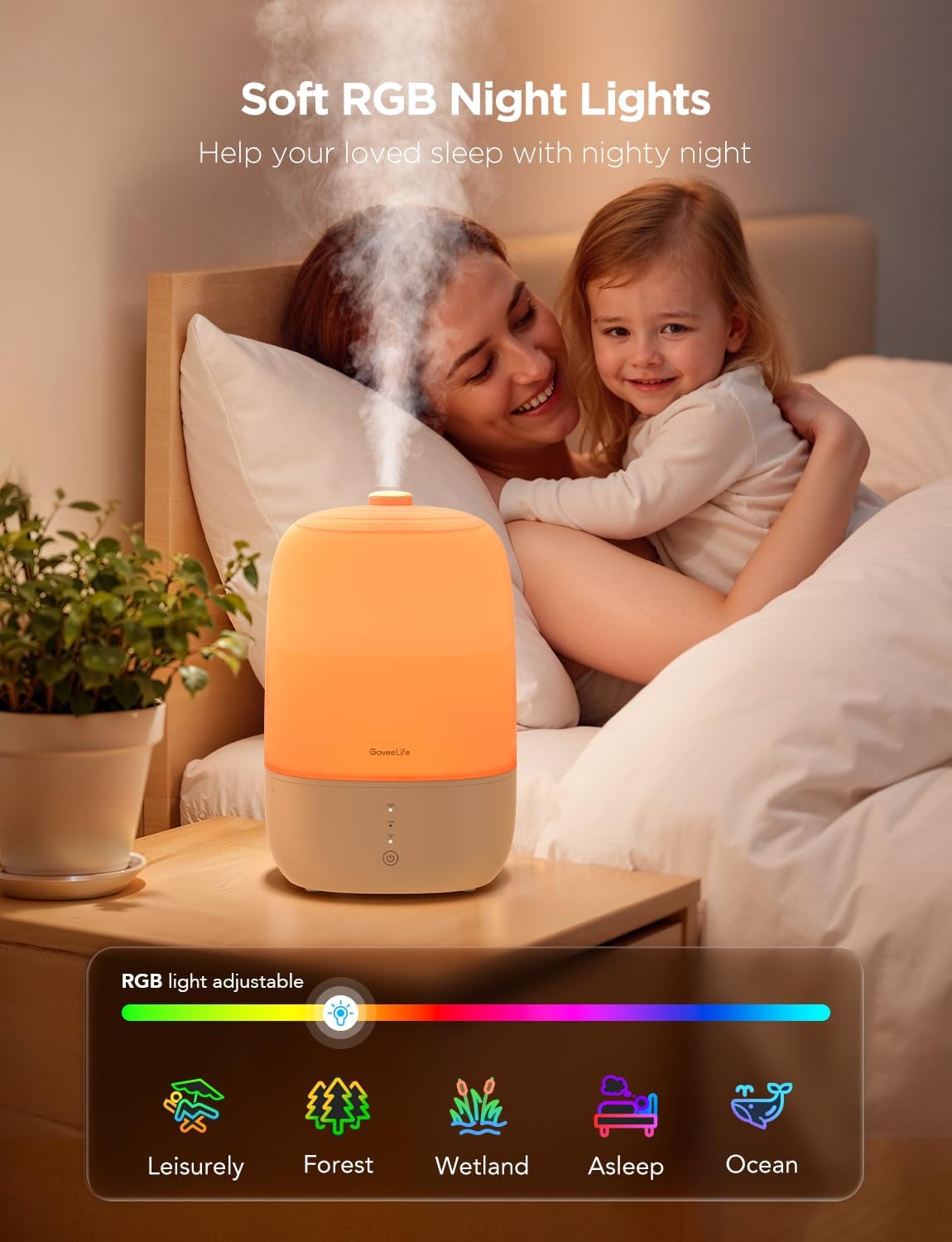 GoveeLife Smart Humidifiers for Bedroom, 3L Top Fill Cool Mist Humidifier, 24dB Quiet Runtime, Humidity Control, WiFi Air Humidifier with Night Light, for Baby, Plants, Home, Work with Alexa