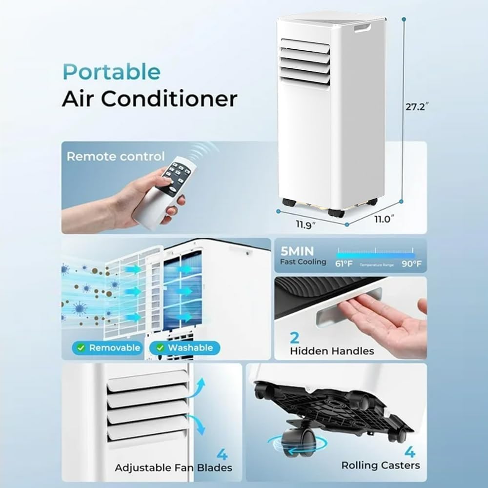 10000 BTU Portable Air Conditioner, 4-in-1 Cools 450 Sq.Ft, Quiet AC with Fan & Dehumidifier, LED Display, Remote, 24H Timer, Portable AC Units with Window Kit, for Bedroom/Office/Dorms