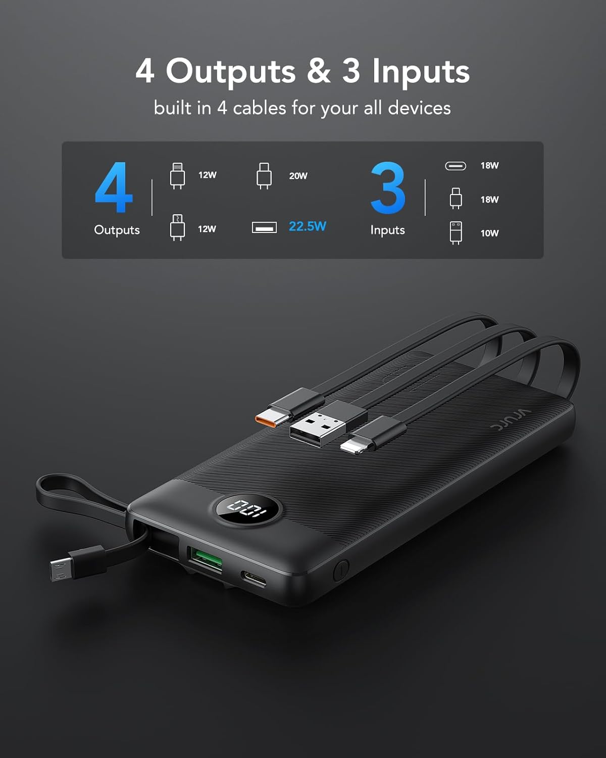 VRURC Portable Charger, 22.5W Fast Charging Power Bank Built‑in 4 Cables, 10000mAh Slim Lightweight Travel Battery Pack for iPhone, Samsung & Multi Devices, Pocket‑Friendly with Lanyard(1 Pack)