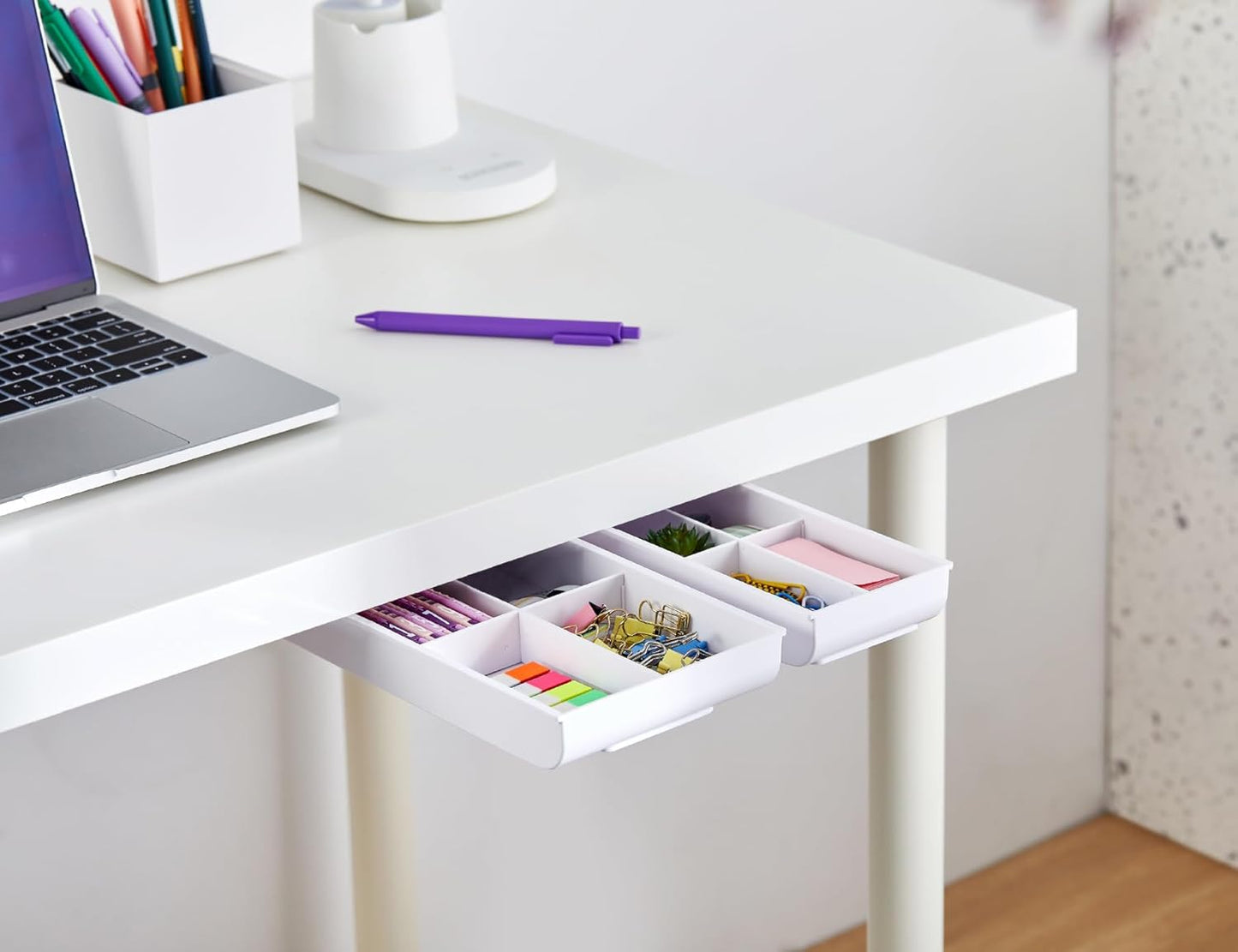 Bostitch Konnect Under Desk Drawer, Self-Adhesive Slide Out Storage Organizer with 4 Customizable Dividers, 2-Pack