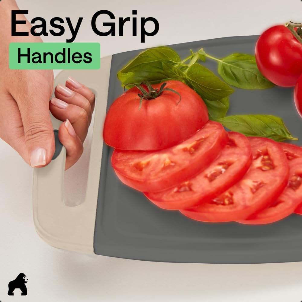GORILLA GRIP BPA-Free Reversible Kitchen Cutting Board Set of 3, US Designed, Nonporous, Juice Grooves Catch Liquid, Slip Resistant Border, Dishwasher Safe, Durable Food Chopping Boards, Gray Almond