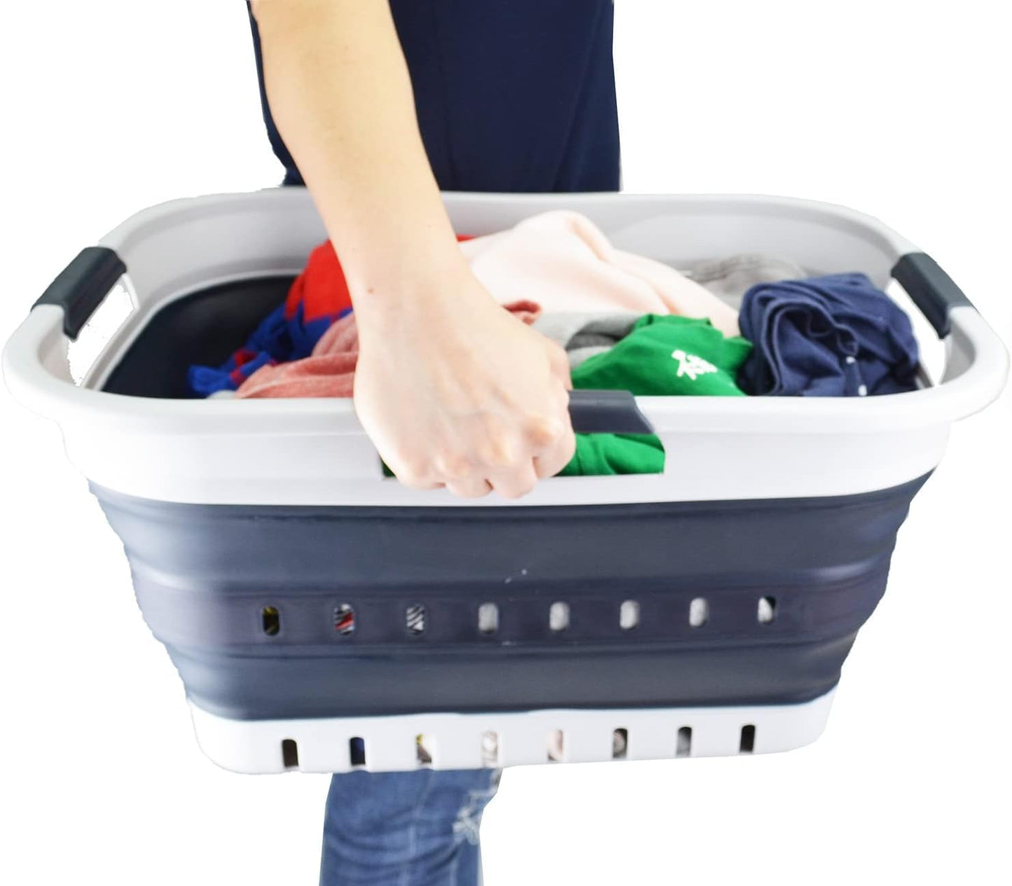 SAMMART 30L (8 gallon) Collapsible 3 Handled Plastic Laundry Basket - Foldable Pop Up Storage Container/Organizer - Portable Washing Tub - Space Saving Hamper/Basket (Grey/Slate Grey)