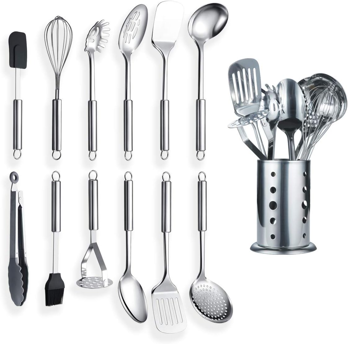 Berglander Cooking Utensil Set 8 Piece, Stainless Steel Kitchen Tool Set with Stand,Cooking Utensils, Slotted Tuner, Ladle, Skimmer, Serving Spoon, Pasta Server,Potato Maseher, Egg Whisk. （8 Pieces）