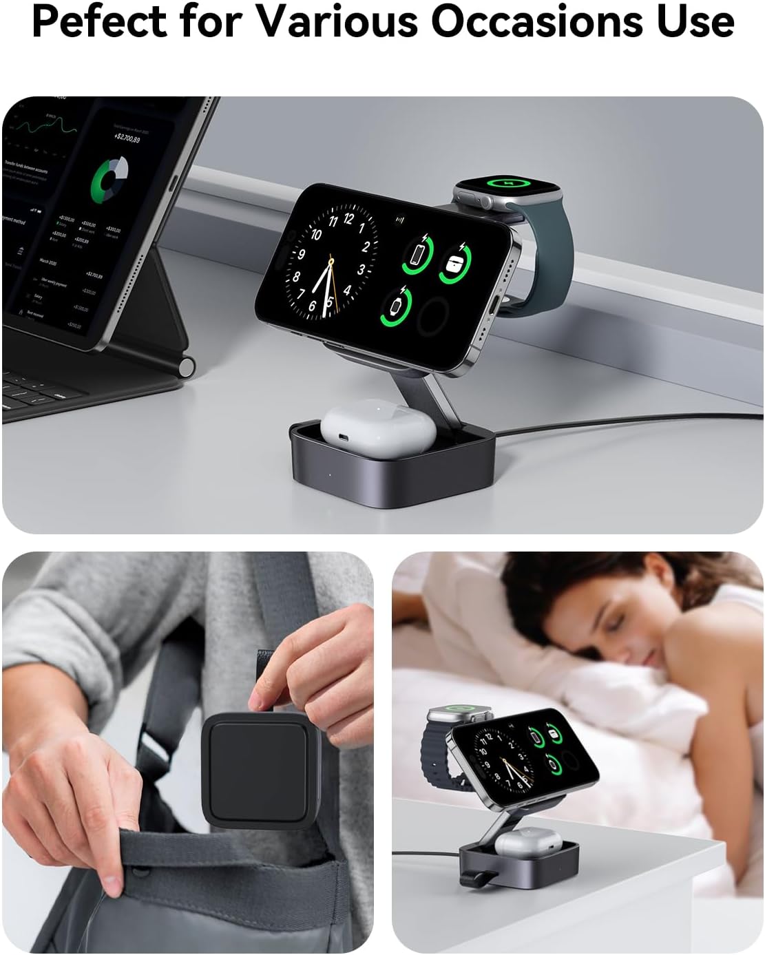 3 in 1 Wireless Charging Station for Apple Devices, Magnetic Foldable Travel Fast Charger Stand Compatible with MagSafe for iPhone Air/17/16/15/14/13/12 Series, Apple Watch & AirPods Pro/4/3/2-Black