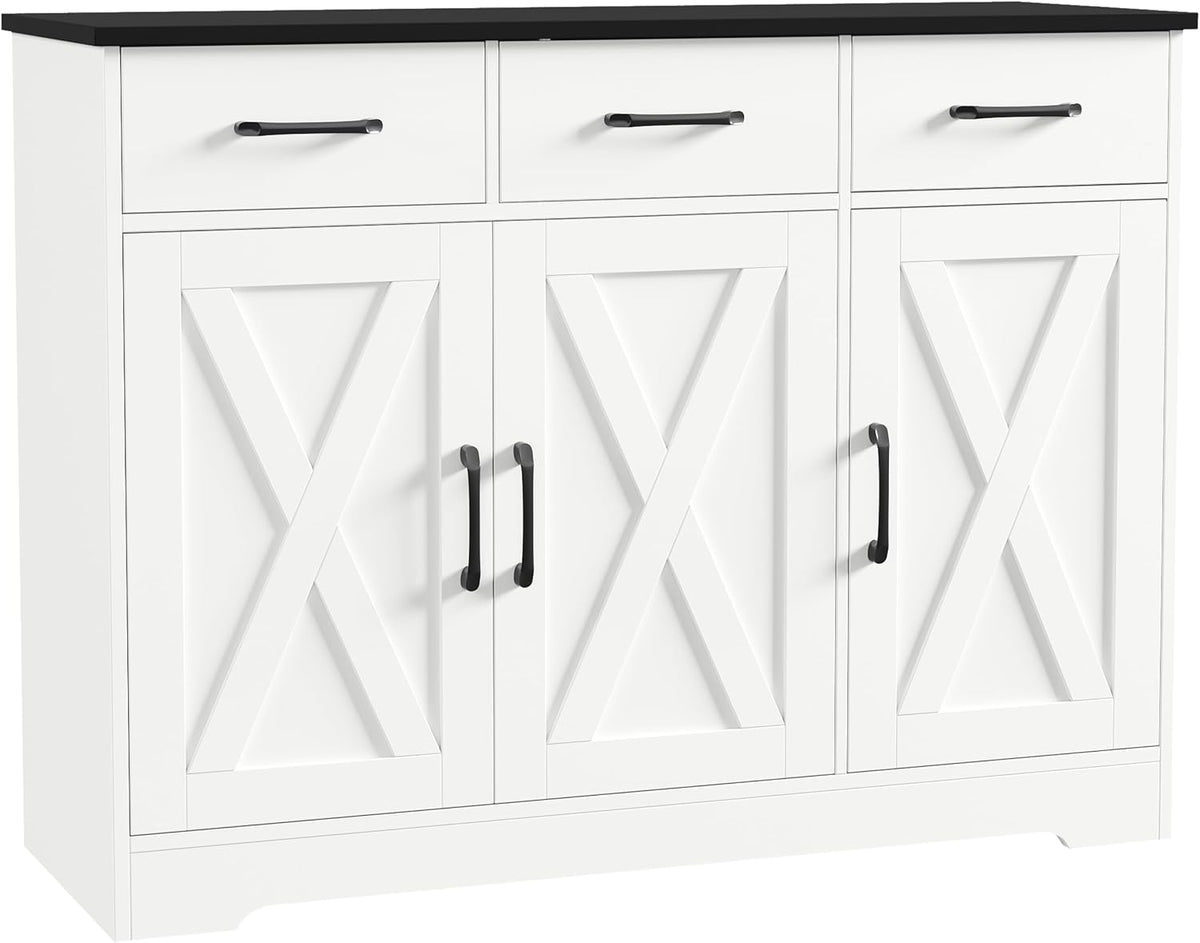 HOSTACK Kitchen Buffet Cabinet with Storage, Sideboard Coffee Bar, White | Farmhouse Kitchen Storage Cabinet with 3 Drawers & Adjustable Shelf & Doors, 42.5"W Buffet Table for Dining Living Room