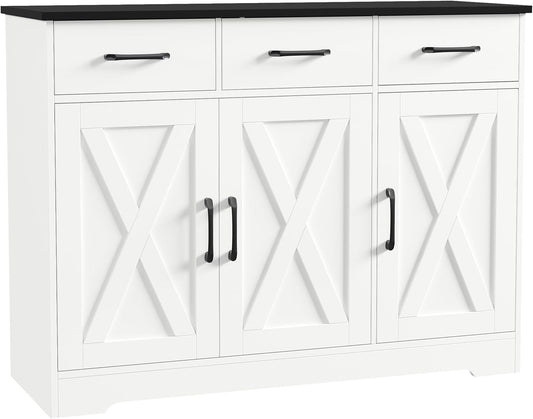 HOSTACK Kitchen Buffet Cabinet with Storage, Sideboard Coffee Bar, White | Farmhouse Kitchen Storage Cabinet with 3 Drawers & Adjustable Shelf & Doors, 42.5"W Buffet Table for Dining Living Room