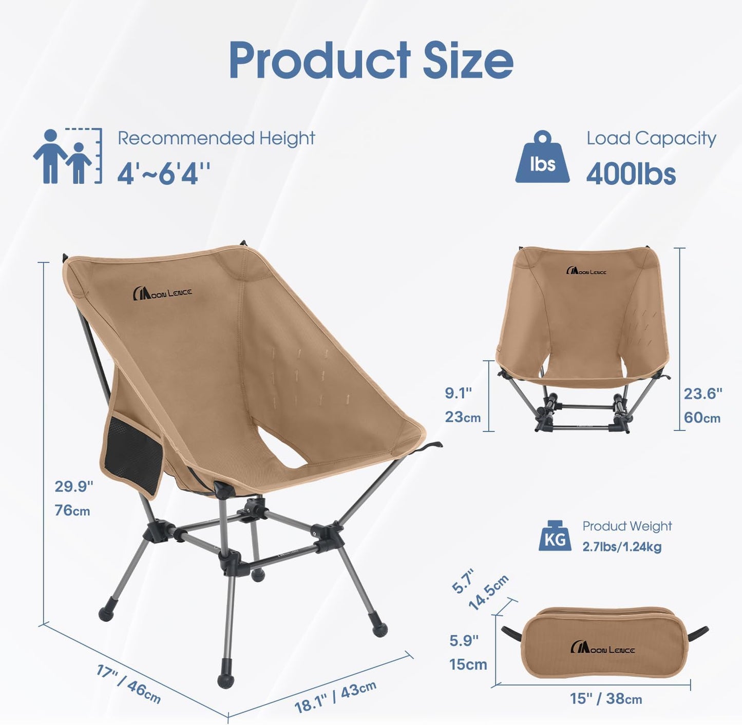 MOON LENCE Portable Camping Chair Plus, Larger & Roomier, Compact and Lightweight Still, Folding Chair for Backpacking & Hiking, 330Lbs Capacity (Desert Rust-2pack)