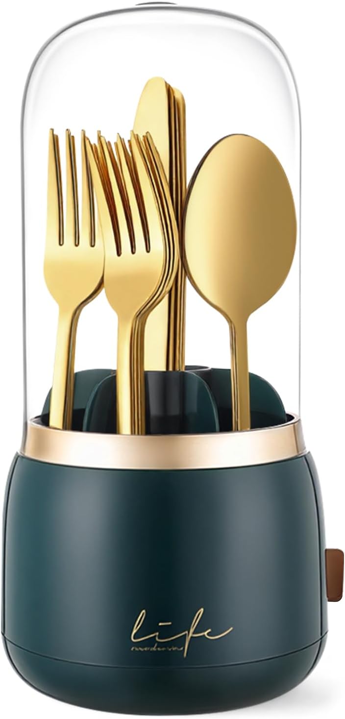 EXIN DECHEN 360° Rotation Silverware Organizer for Kitchen Counter,Utensil Holder Caddy Silverware Caddy Holder for Party,Spoon and Fork Organizer,7 Slots and Intermediate Drainage Device with Cover