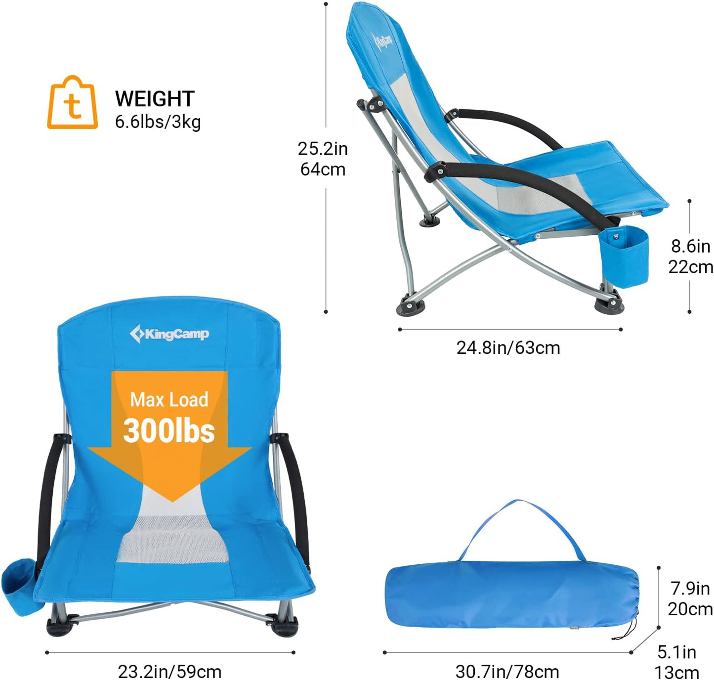 KingCamp Low Beach Chair, High Back Folding Camping Chair for Adults, Oversized Breathable Mesh Seat, 300lbs Heavy Duty Portable Chair with Cup Holder & Storage Pockets for Beach, Outdoor