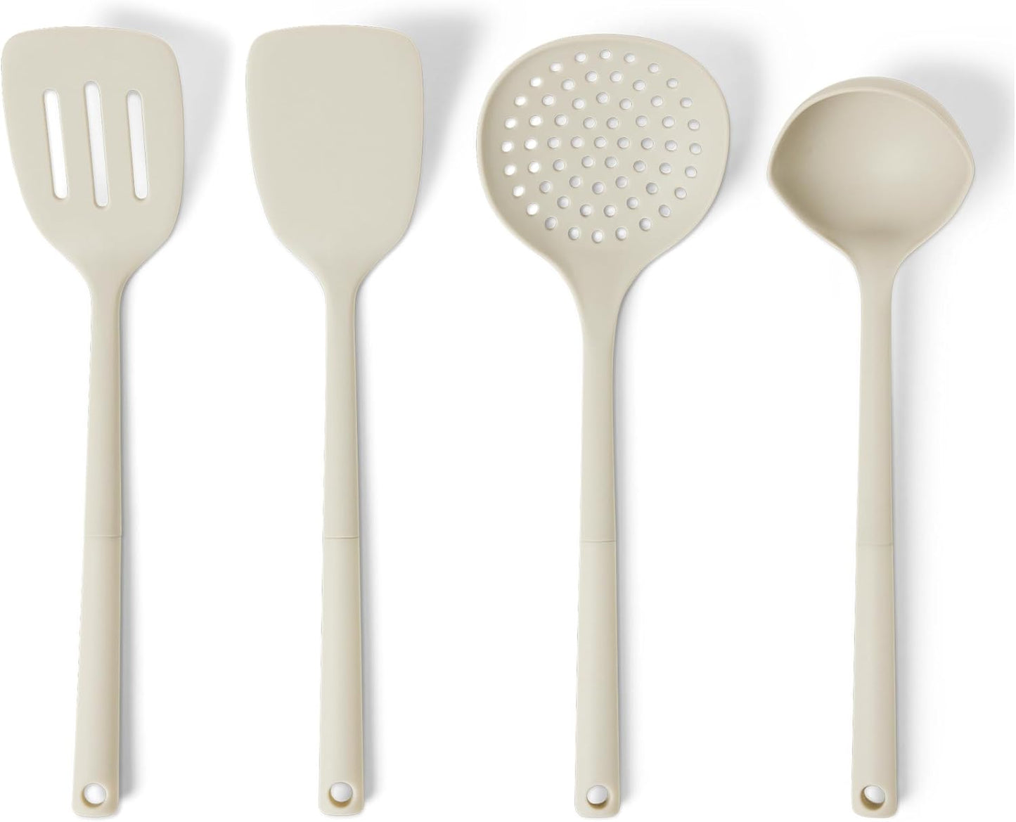 Amazon Basics Silicone Cooking Spoon and Ladle Set, 4-Piece Set, Soft Grip Handle, BPA-Free, Dishwasher-Safe, Linen Gray