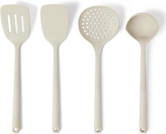 Amazon Basics Silicone Cooking Spoon and Ladle Set, 4-Piece Set, Soft Grip Handle, BPA-Free, Dishwasher-Safe, Linen Gray