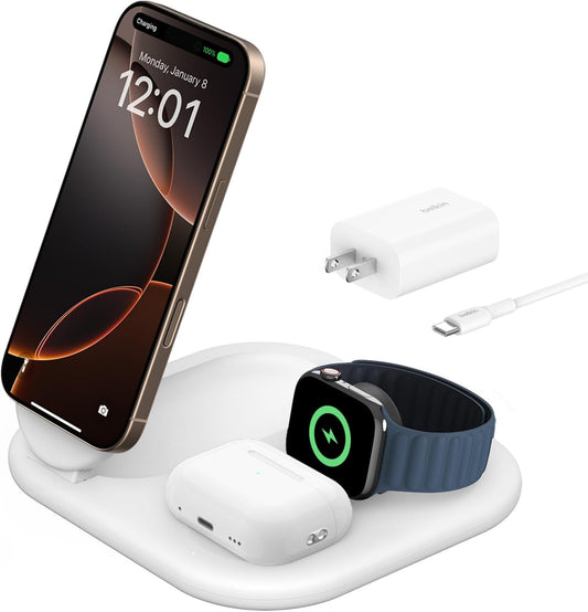 Belkin Qi2 Magnetic Wireless Charging Station, 3 in 1 Foldable Charger | MagSafe compatible, Apple Watch, AirPods, Qi2 certified, wireless charging station, travel stand