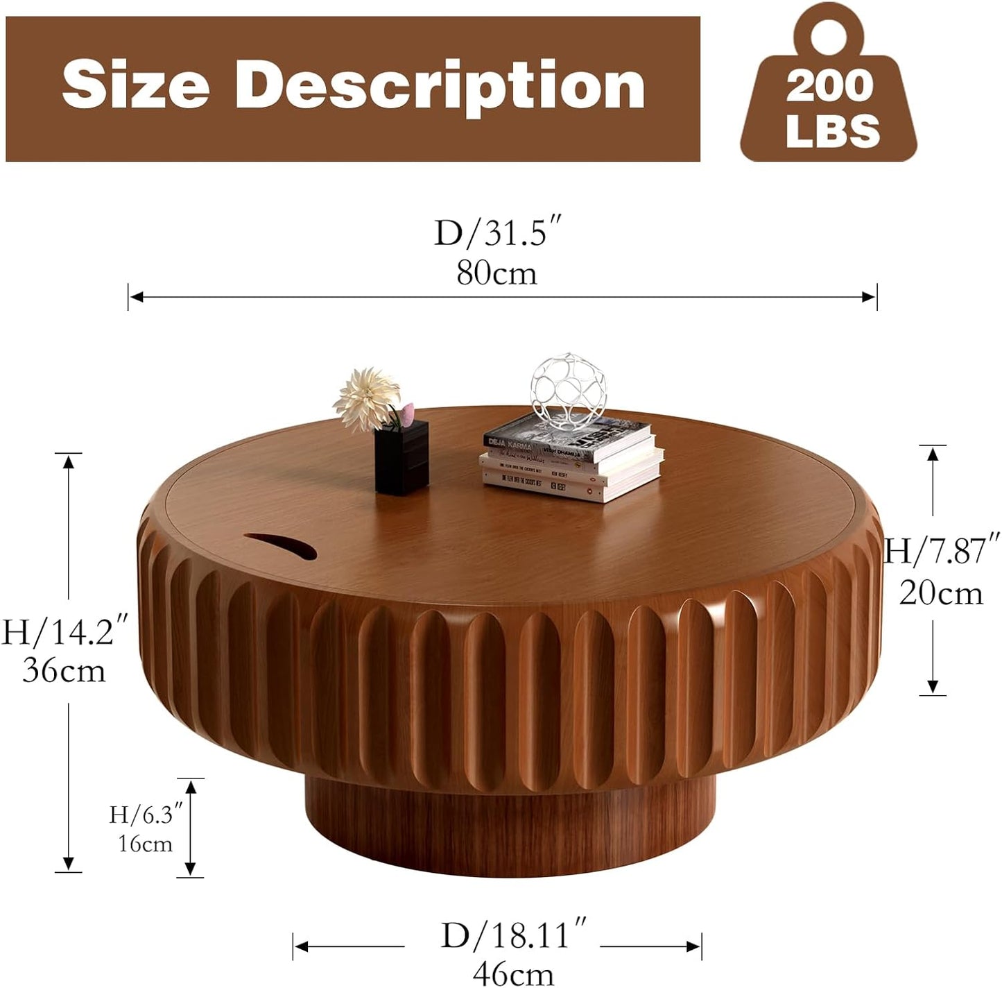 31.5 in Brown Round Drum Coffee Table with Storage | Modern Round Fluted Storage Center Table Handcrafted Solid Wood Fluted Edge, Cylindrical Base For Living Room, Apartment
