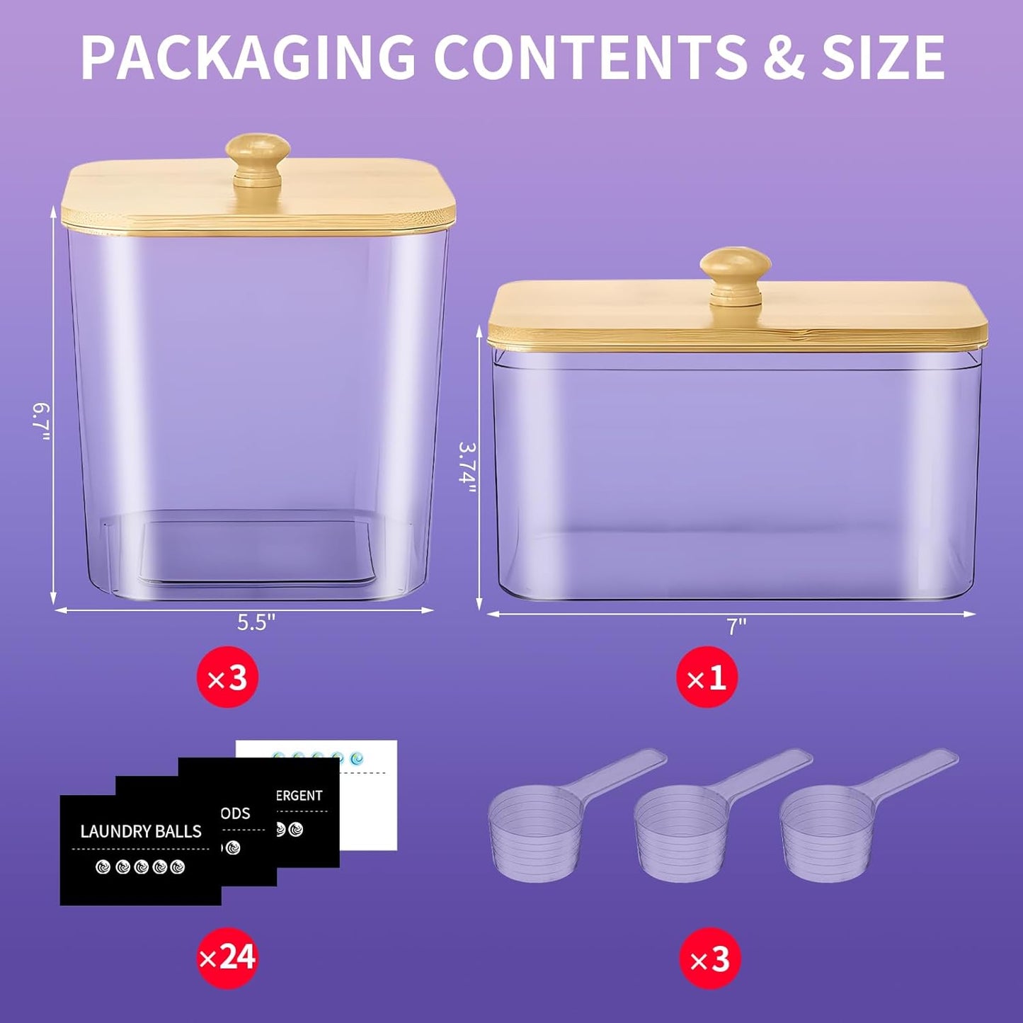 4-Pack Laundry Pods Container, Laundry Room Organization Containers,Large Laundry Detergent Powder Storage Containers with Wooden Lids & Labels,Clear Laundry Pod Holder for Scent Booster/Powder/Pods