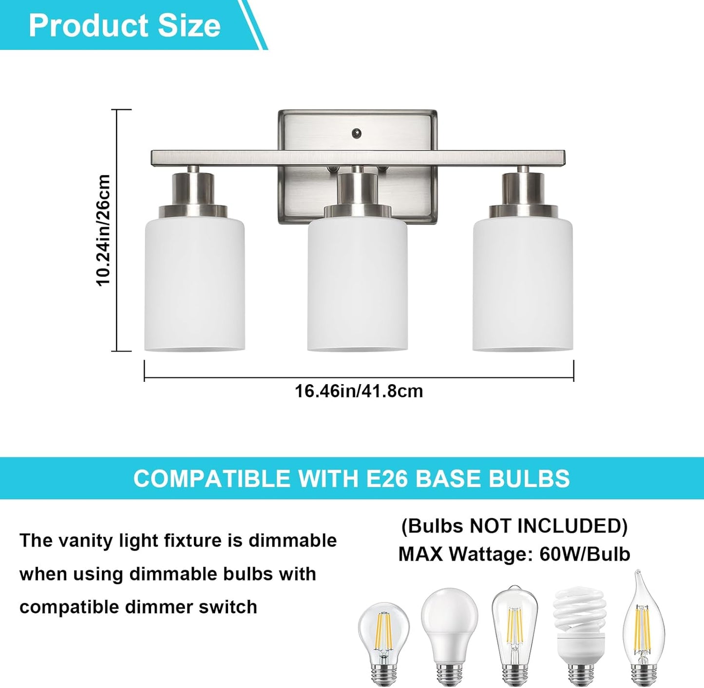 Ascher Bathroom Light Fixtures, 3-Light Vanity Light Over Mirror, Modern Brushed Nickel Wall Sconces with Milky White Shades, Wall Lamp for Kitchen Hallway Cabinet Porch E26 Base