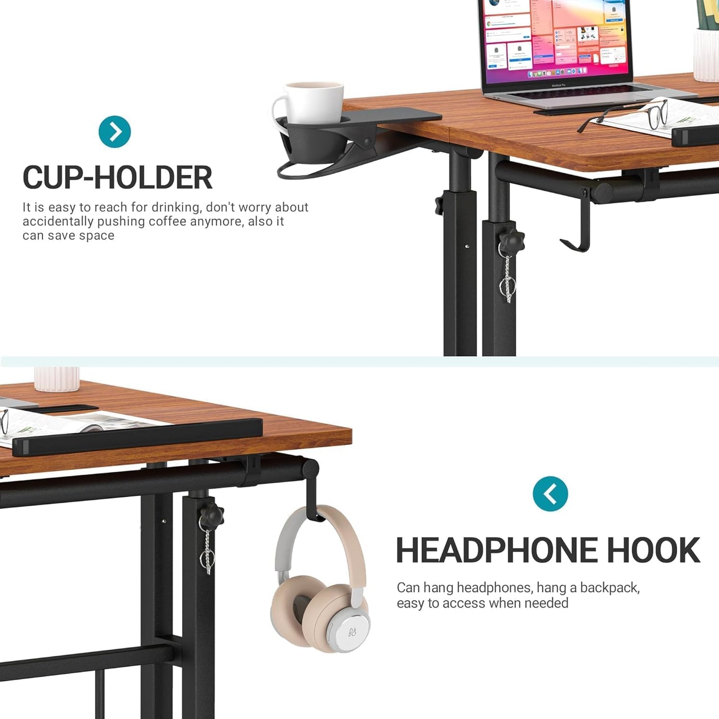 Klvied Stand Up Desk on Wheels, Portable Computer Desk for Home Office,Rolling Desk for Laptop with Removable Cup Holder, Adjustable Laptop Cart for Standing or Sitting,Walnut