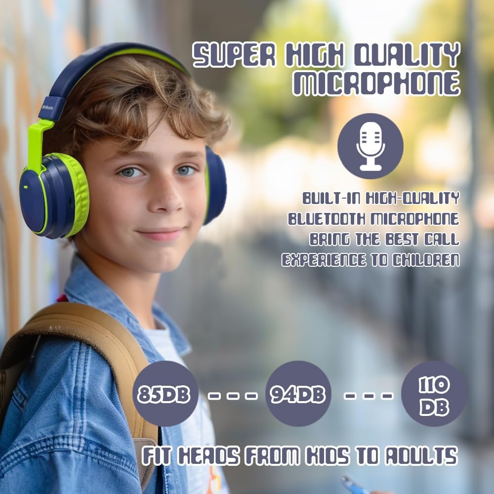 Mokata Kids Headphones Bluetooth 5.3 Wireless Lightweight Fast Charging 68 Hours Play Time Volume Limited 85/94dB Over Ear Foldable with Built-in Mic for Toddler Boy Tablet Pad Deepblue