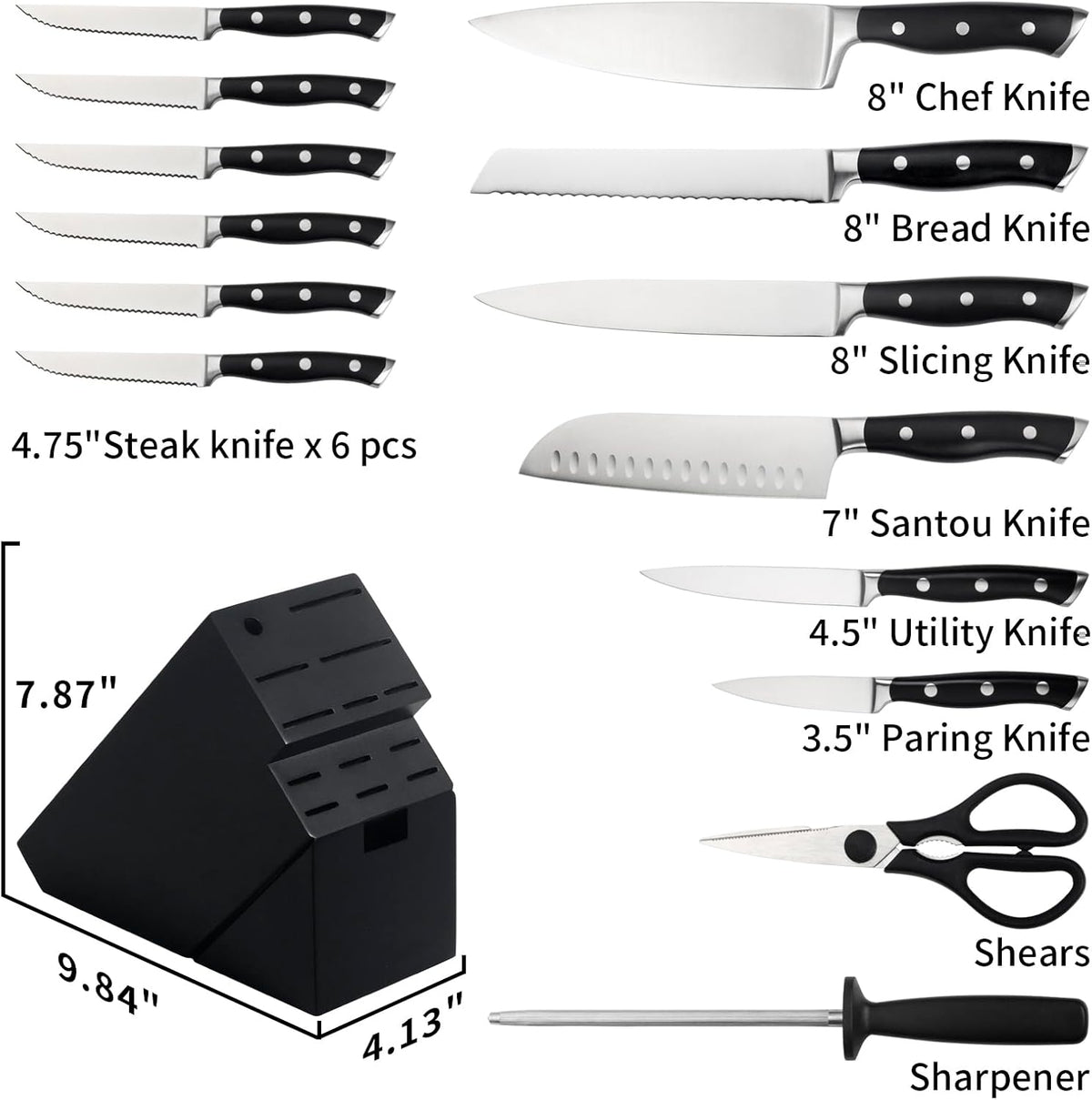 Alata 15-Piece Knife Set with Black Block, Razor-Sharp,Kitchen Knife Set, Forged Triple Rivet Stainless Steel Knife Block Set