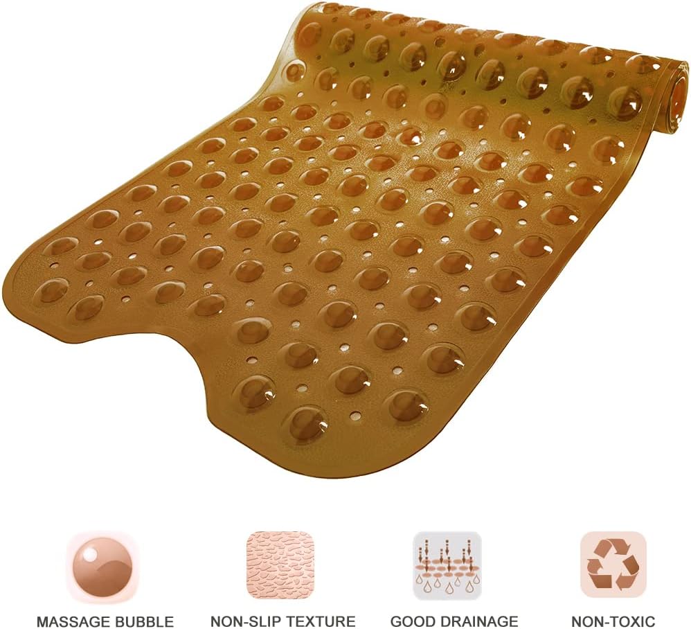 Bathtub and Shower Mats, Extra Long Non-Slip Bath Tub Mat 39 x 16 Inch, Machine Washable Bathmat with Suction Cups & Drain Holes for Bathroom Floor, Clear Brown