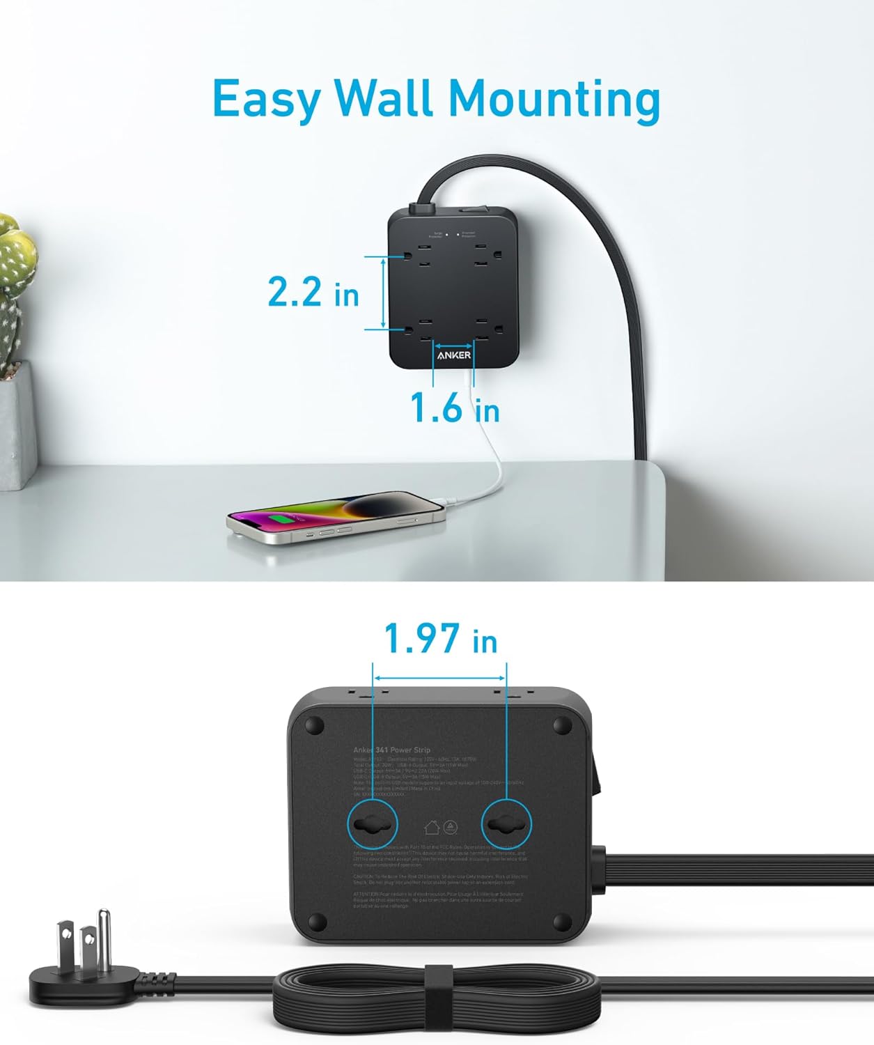 Anker Power Strip with 2000J Surge Protector, Flat Plug Extension Cord with Multiple Outlets, 8 AC, 2 USB A & 1 USB C Port for 20W, 5ft Outlet Extender, Dorm Room Essentials, Home Office, TUV Listed