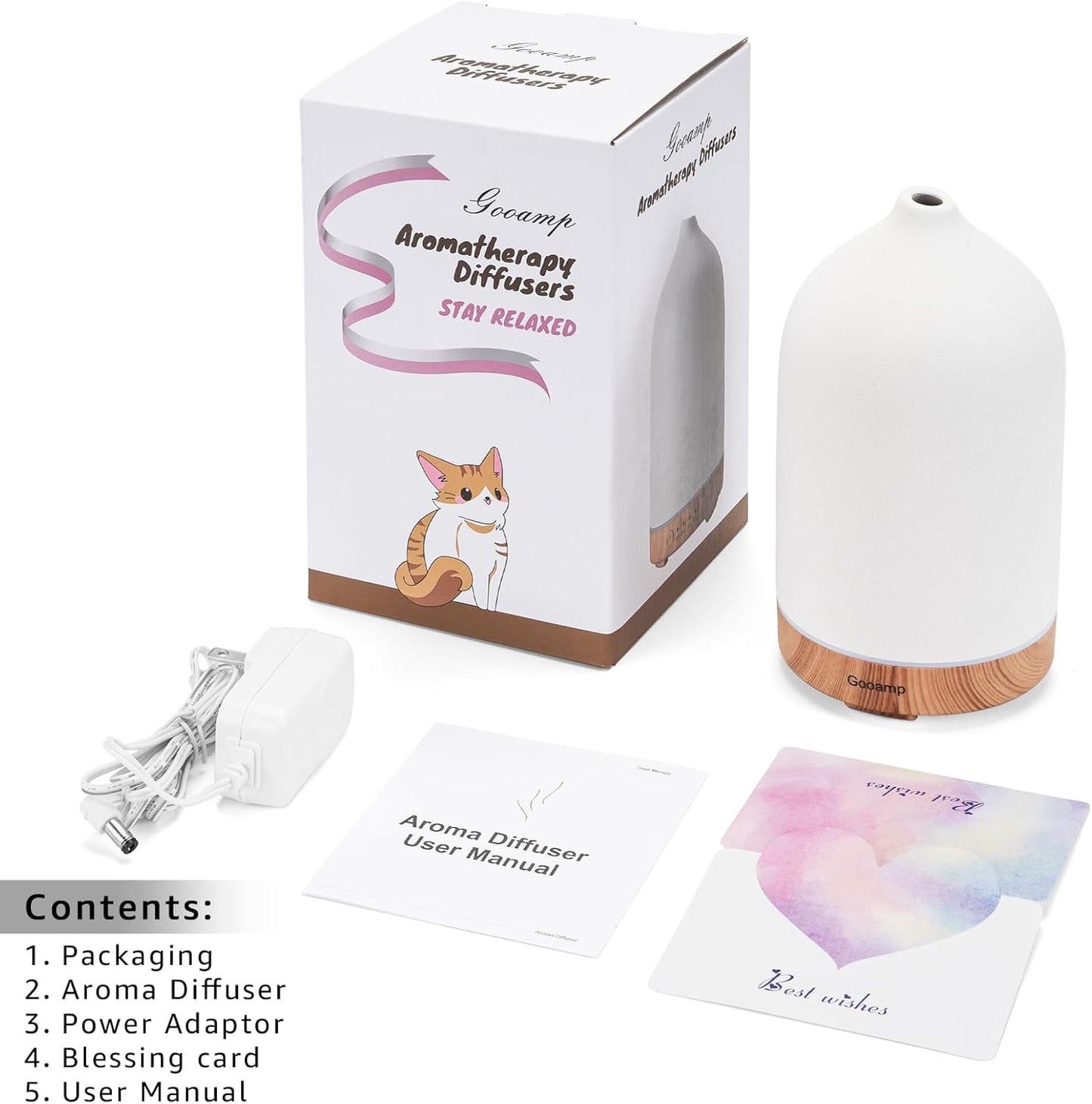 Gooamp 200ML Ceramic Essential Oil Diffuser - Ultrasonic Aromatherapy & Humidifier with 7-Color LED Lights, Auto Shut-Off, Wood Grain Base, 1H/3H/6H Timer | Scent for Home, Office, Yoga
