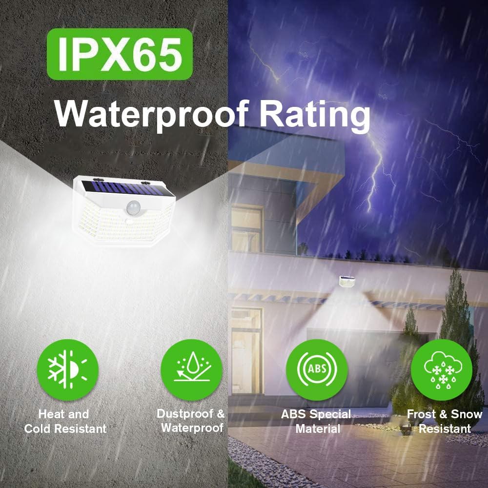 HMCITY 120 LED Solar Lights Outdoor with Motion Sensor and 3 Lighting Modes, IP65 Waterproof Wide Solar Wall Lights Ideal for Garden Patio Yard (Front Button 6Packs, White Shell-Daylight White)