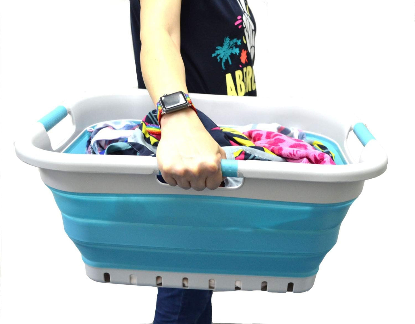 SAMMART 41L (10.8 gallon) Collapsible Plastic Laundry Basket - Foldable Pop Up Storage Container/Organizer - Portable Washing Tub - Space Saving Hamper/Basket (3 handled rectangular, Grey/Bright Blue)