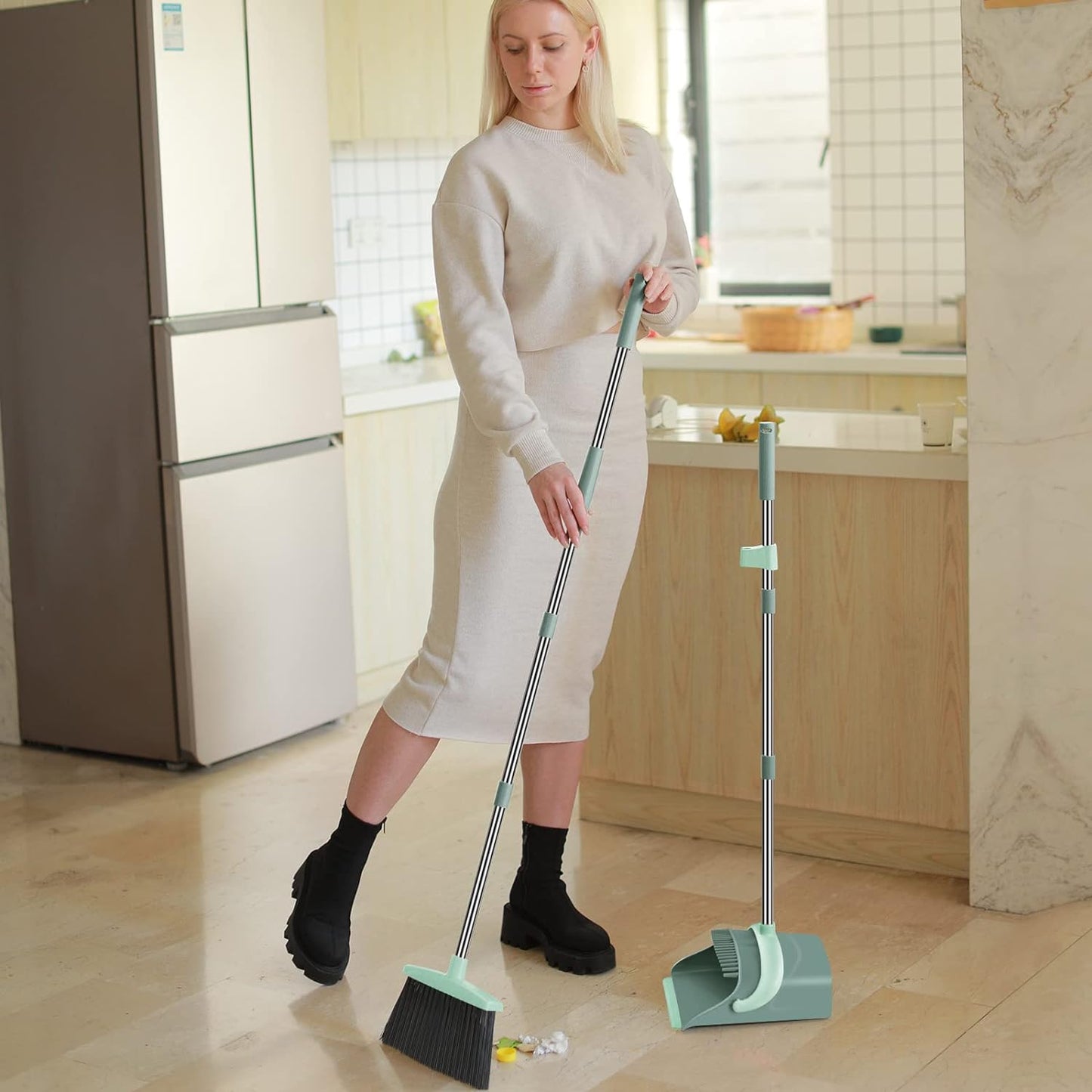 Ivandar Broom and Dustpan Set for Home, Dust pan with Long Handle, Broom with Dustpan Combo Set, for Home Kitchen Room Office Lobby Floor Use Upright Stand Up Sweeping (Gray&Green)