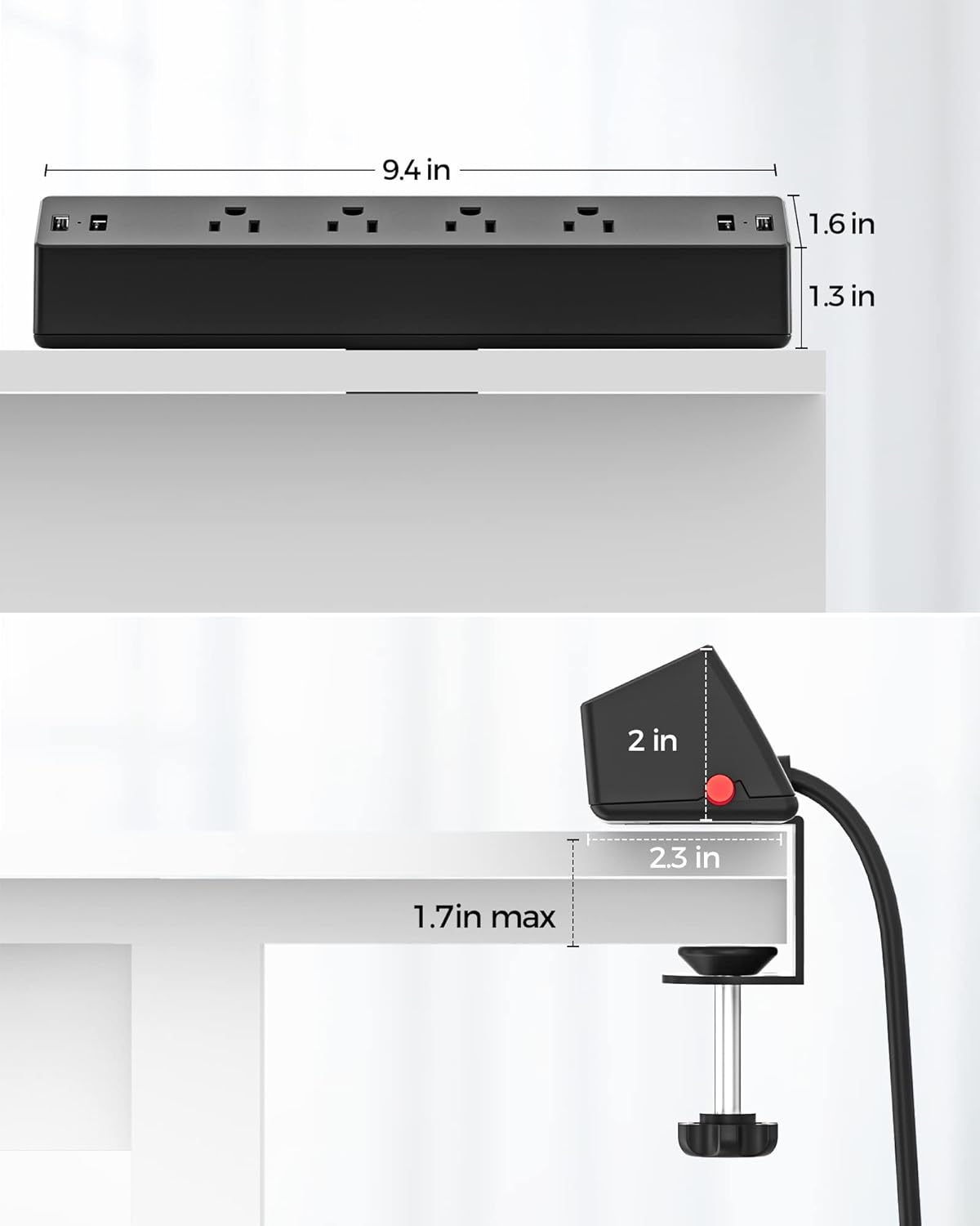 Desk Clamp Power Strip, Flat Plug Fast Charging Station, Desk Mount Surge Protector with PD 20W USB C Ports, Fit 1.7 inch Tabletop Edge Thick, Desktop Outlets for Home Office.
