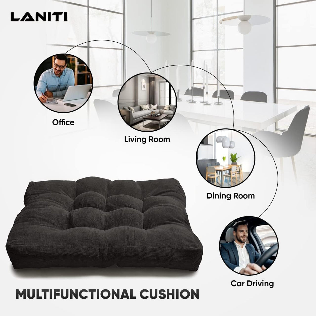 LANITI 24” Inch Extra Large Floor Cushions Tufted Floor Pillow for Adults Square Meditation Ultimate Comfort Oversized Pillows for Floor Cushion (Black)
