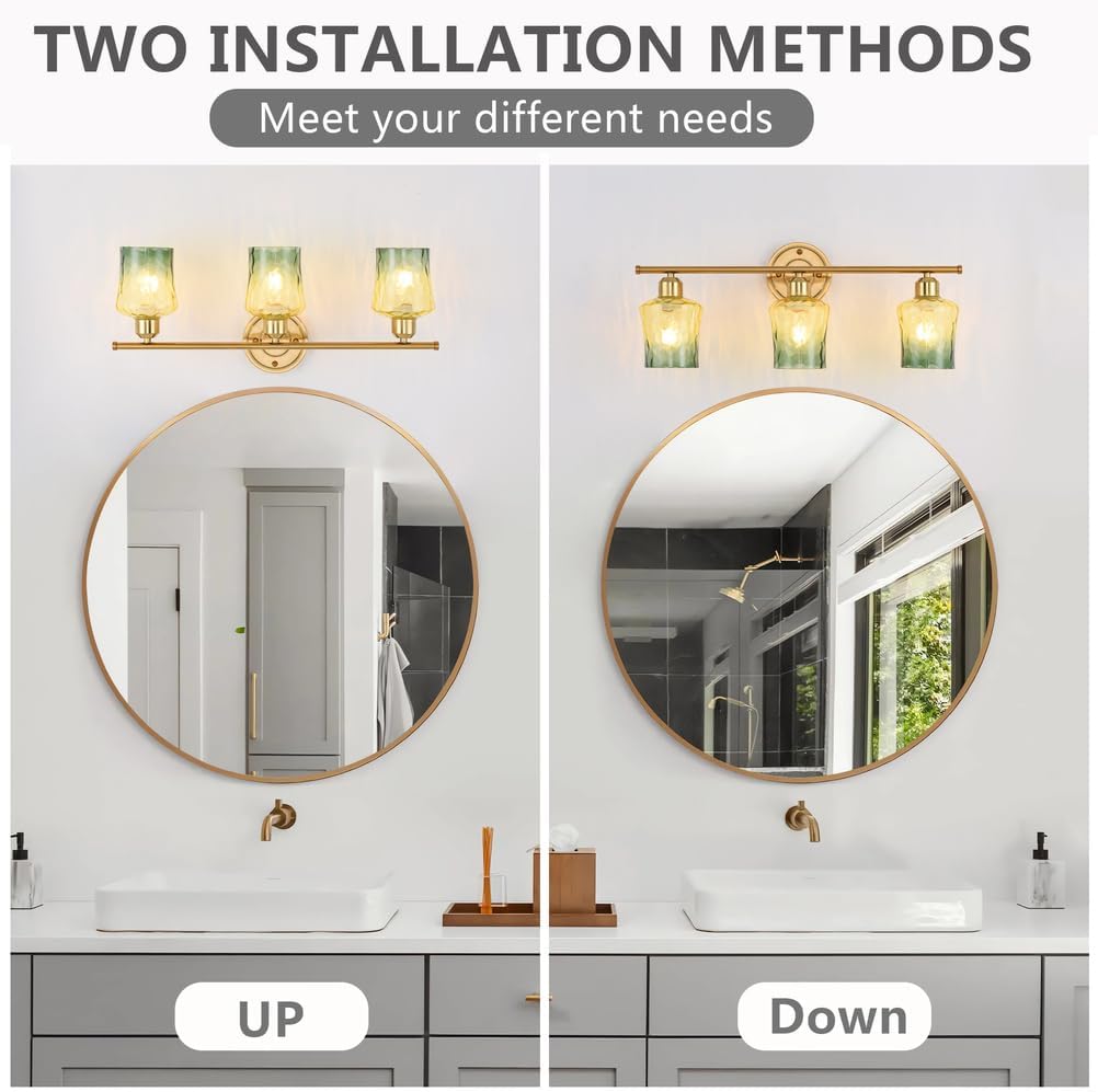 Modern 3-Light Glass Bathroom Light Over Mirror, Gold Vanity Light with Yellow Green Gradient Glass Shade, E26 Bathroom Vanity Light, for Kitchen, Hallway, Cabinet, Bedroom, Living Room