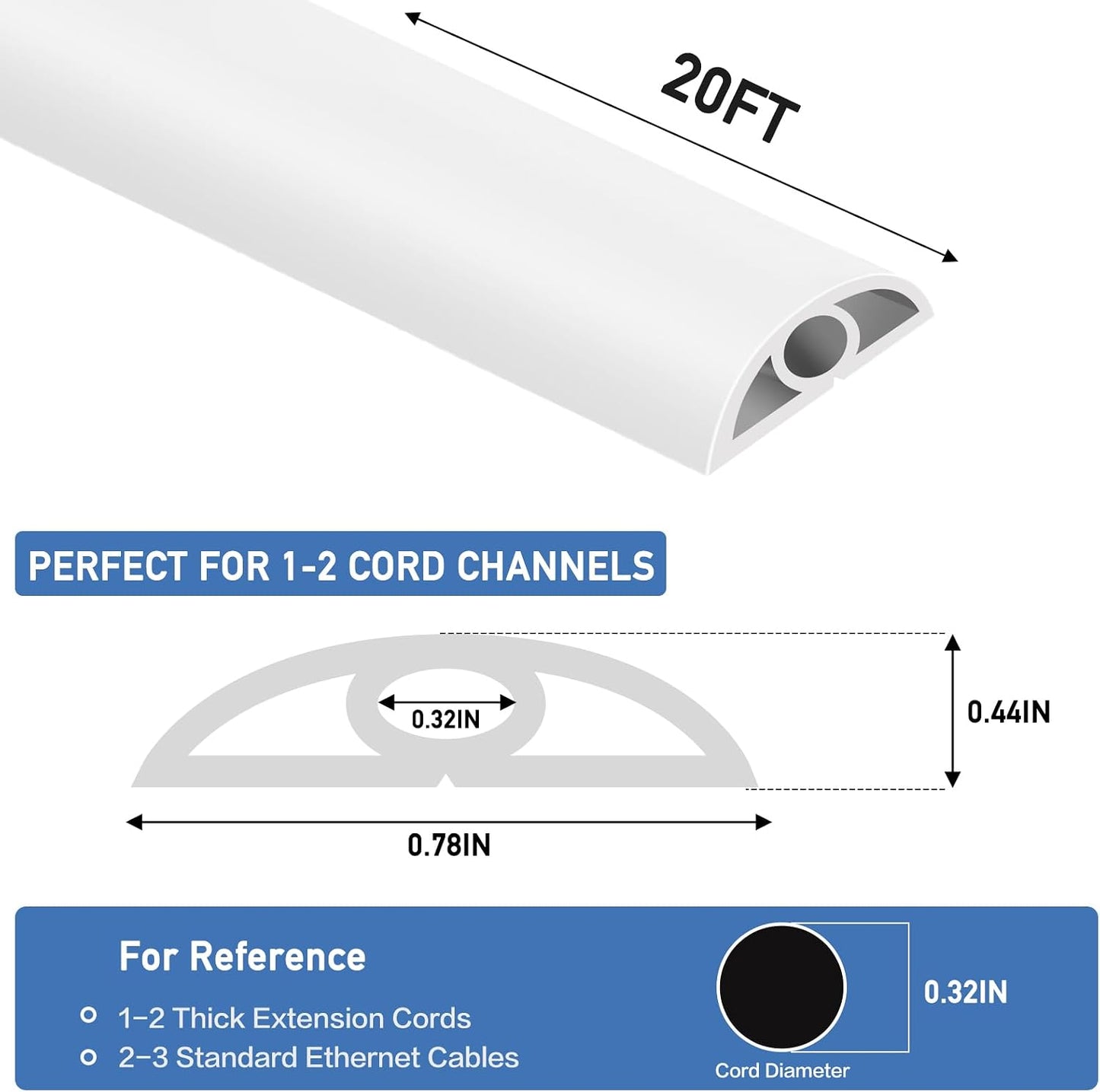 LSGCQ Floor Cord Cover Self Adhesive Cord Hider Floor Cable Management | Cord Covers for Wires on Floor Cable Cover, Prevent Cable Trips, Cable Cavity 0.32" W x 0.32" H, 20Ft, White